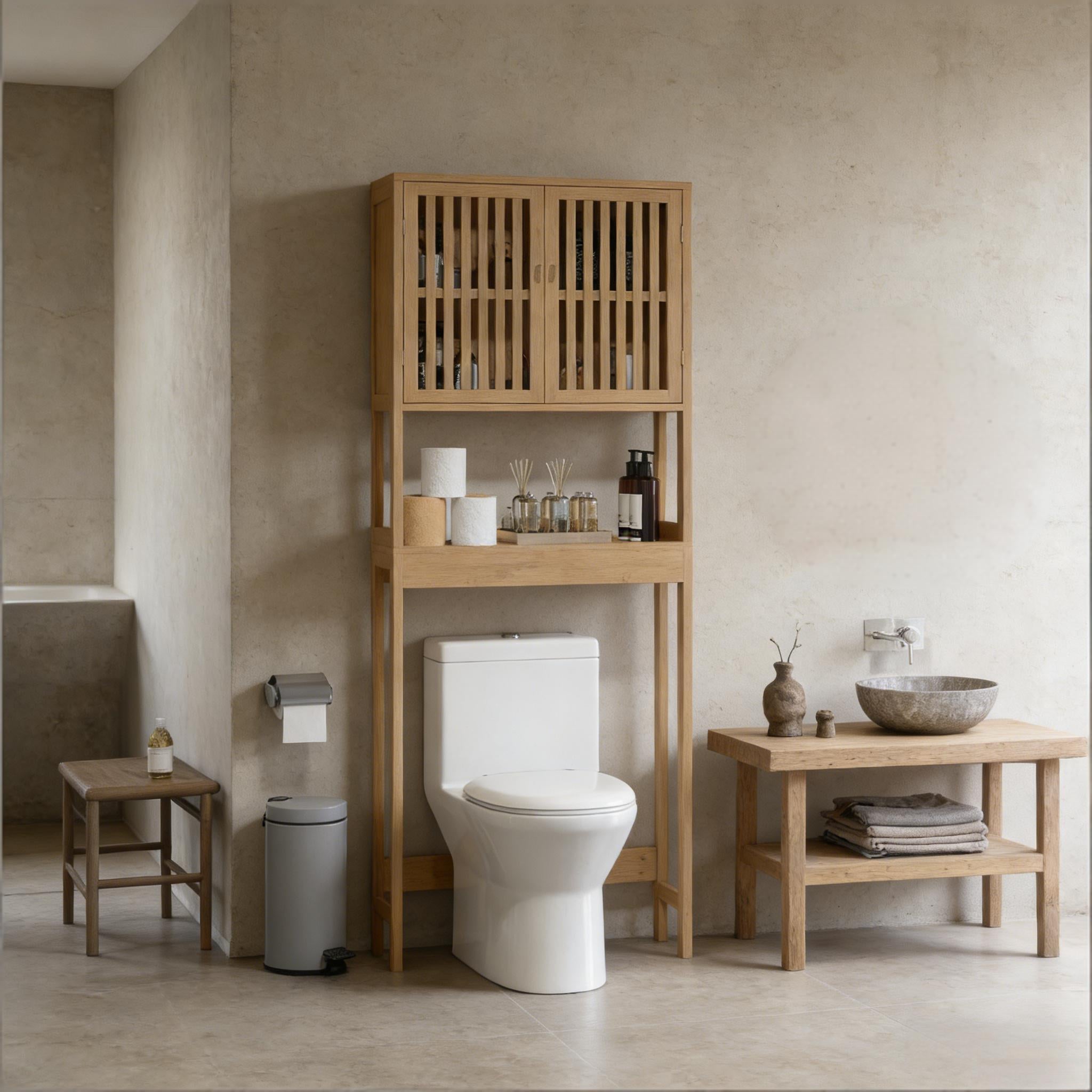 GDFStudio Rhett Vertical Bamboo Over Toilet Storage Cabinet with Adjustable Shelves and Slatted Doors, Natural