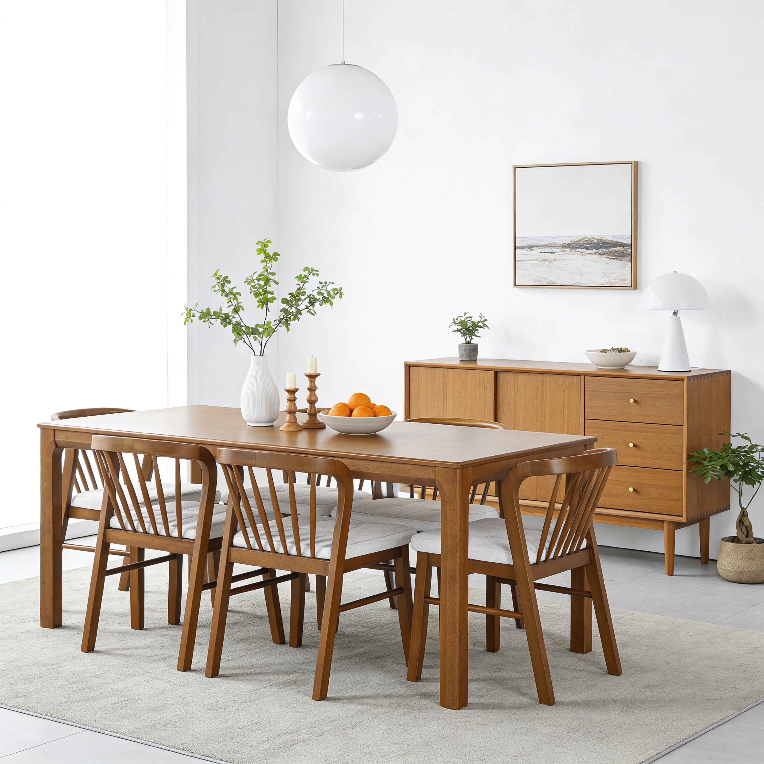 Christopher Knight Home Modern Farmhouse Rubber Wood 7-Piece Dining Set with 6 Windsor Spindle-Back Upholstered Chairs, Walnut/Beige