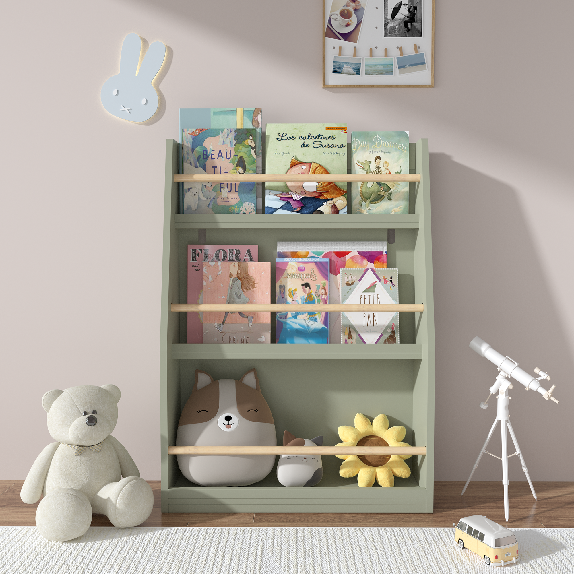 GDFStudio Tian Modern Wood 22.83''W 3 Tier Kids Book Shelf, Sage