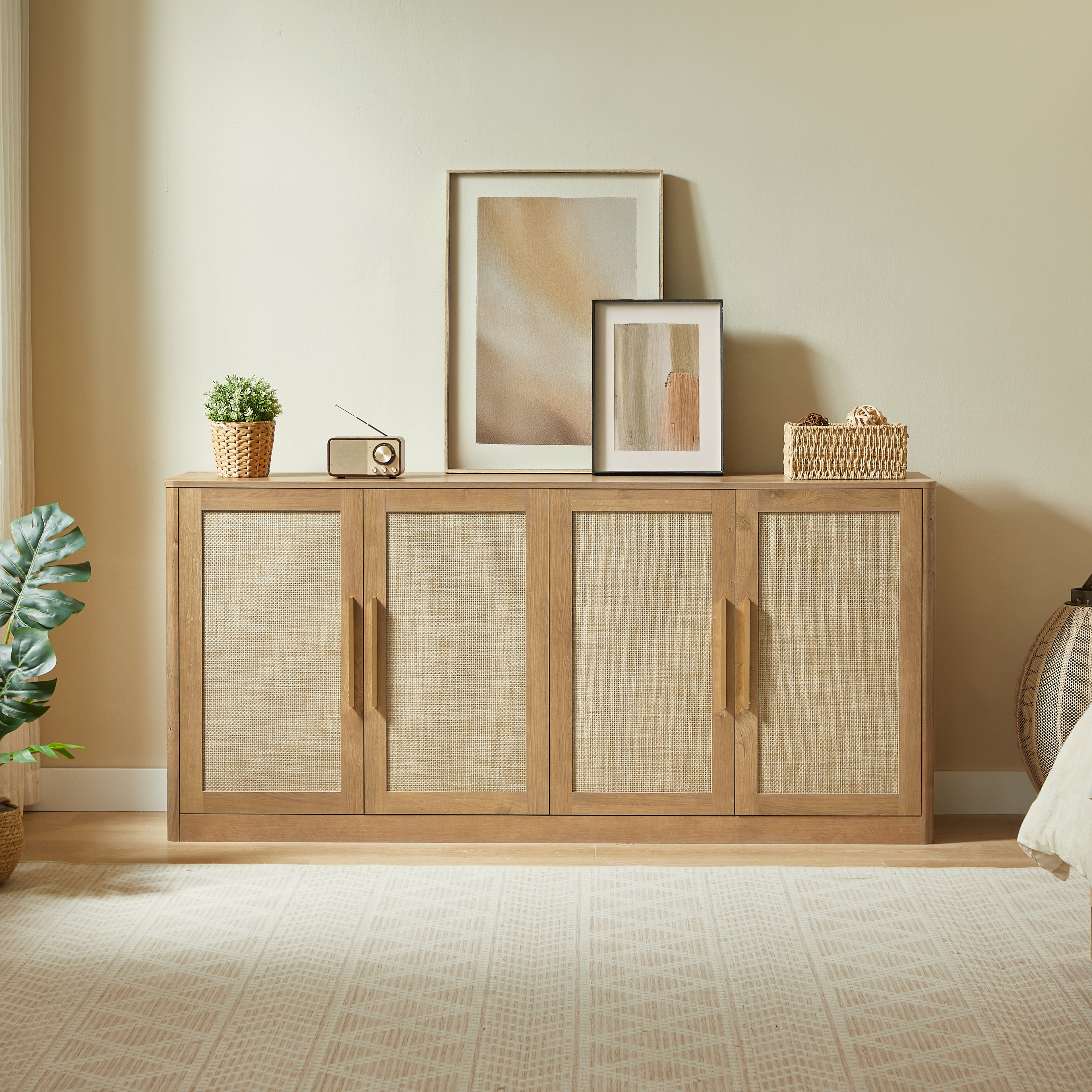 GDFStudio Nita Boho Rattan and Wood 4-Door Sideboard Storage Cabinet
