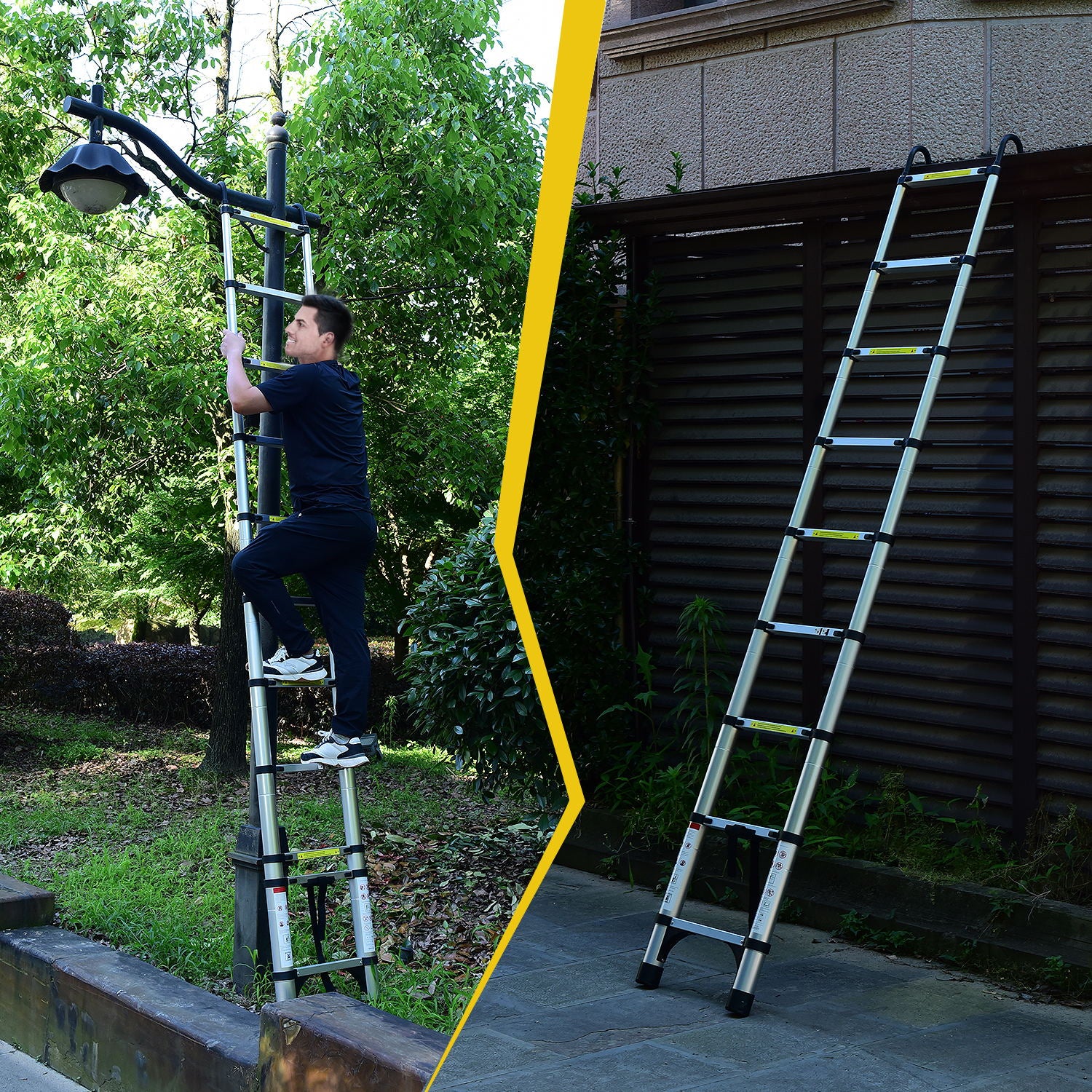 GDFStudio Apex 8.5Ft Adjustable Aluminum Alloy Telescopic Ladder with Hooks and Triangular Support Frame, Antique Silver