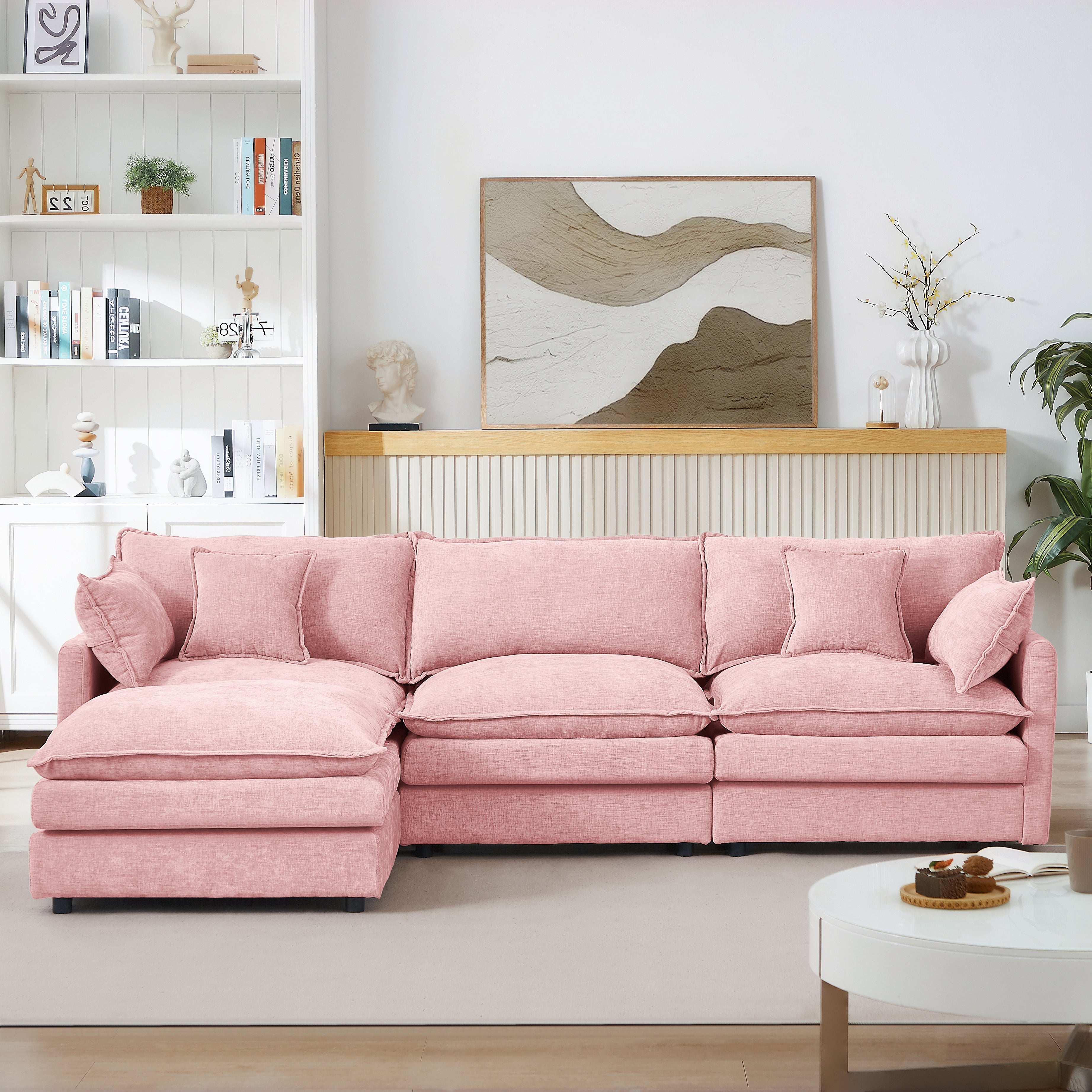 GDFStudio Victor Modern 102'' 3-Seater Chenille Upholstered Sectional Sofa with Ottoman and Pillows, Pink