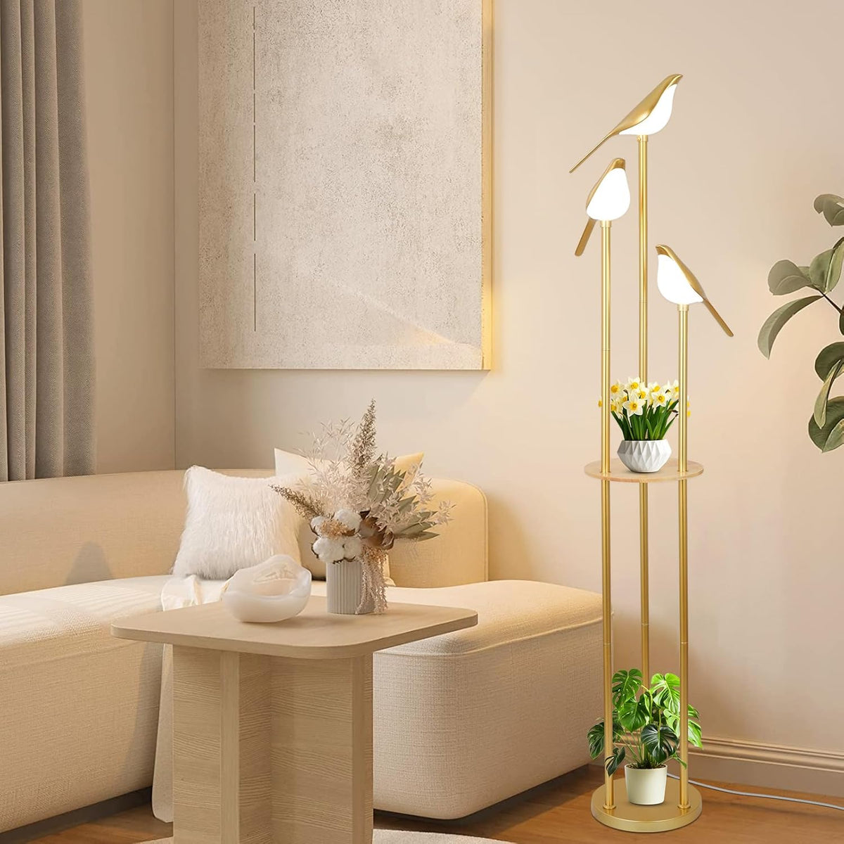 GDFStudio Esteban Modern Metal and Wood Floor Lamps with 3 Adjustable LED Bird Lights and Shelves, Gold