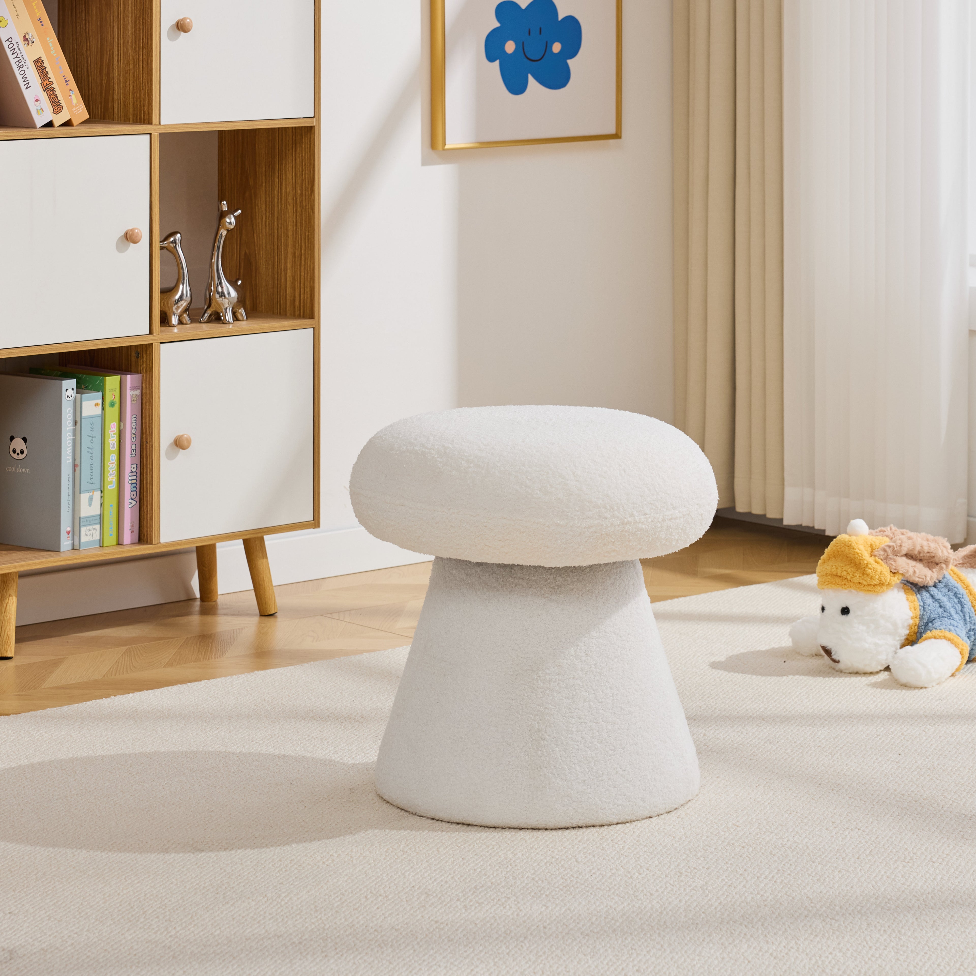 GDFStudio Becka Teddy Fabric Mushroom Shaped Swivel Ottoman Footstool with Wooden Frame, White