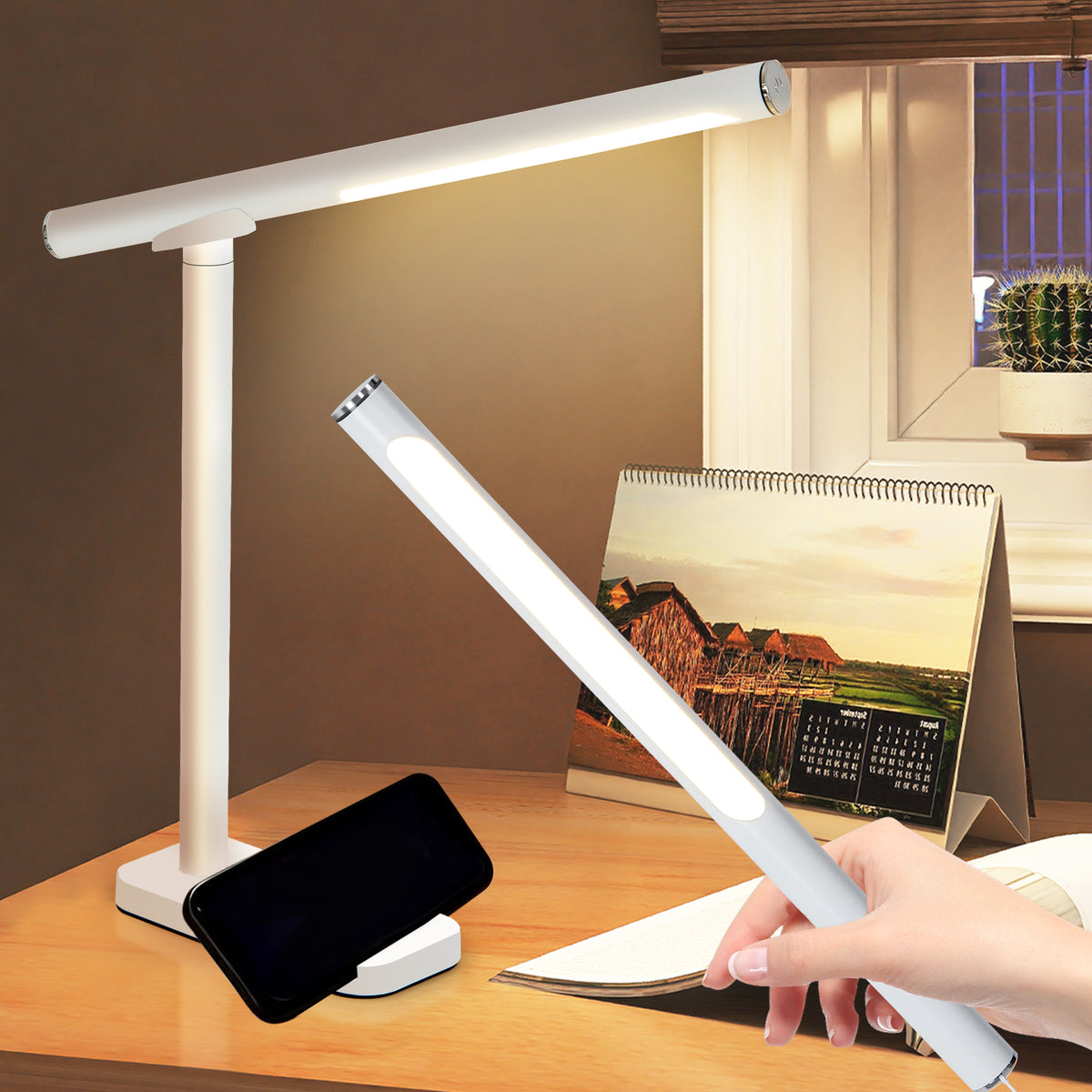 GDFStudio Lumina Foldable LED Desk Lamp with Touch Control and Adjustable Brightness, White
