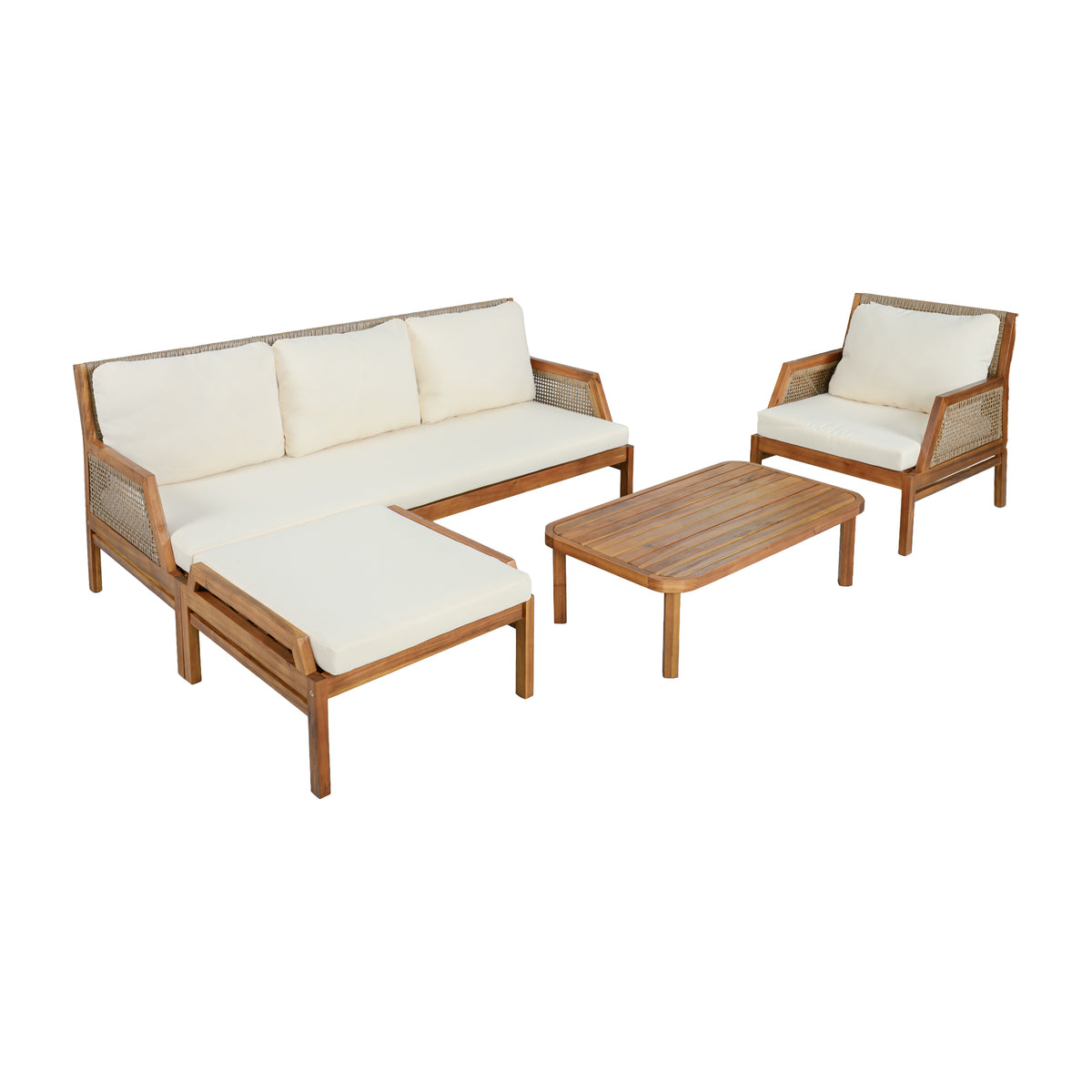 Christopher Knight Home Astrid Modern 4 Piece Acacia Sectional Sofa Set with Slatted Coffee Table and Wicker Design, Teak/Beige