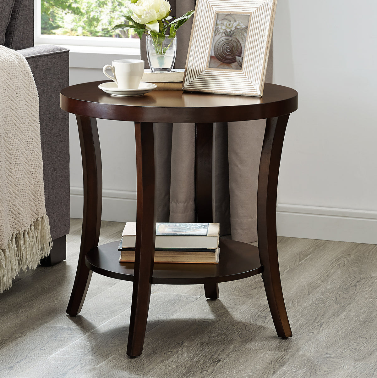 GDFStudio Tyn Modern Round Wooden 2-Tier End Table with Underneath Shelf and Curved Legs, Espresso