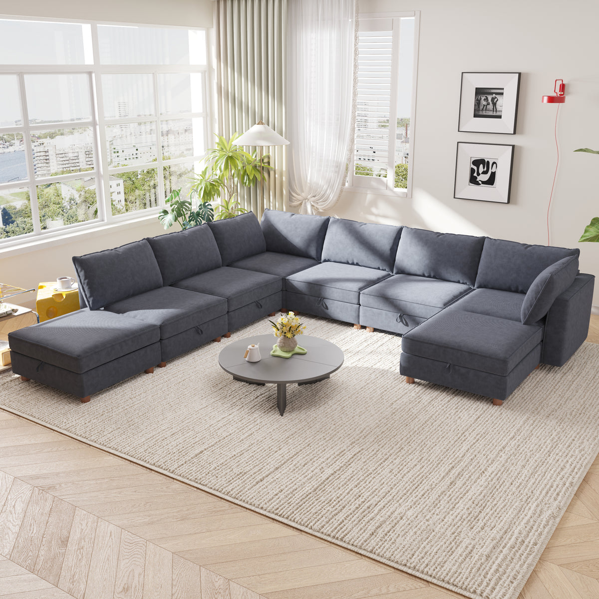 GDFStudio Zayne Modern 8-Seat Fabric Upholstered Convertible 128  U Sectional Sofa with Storage, Gray