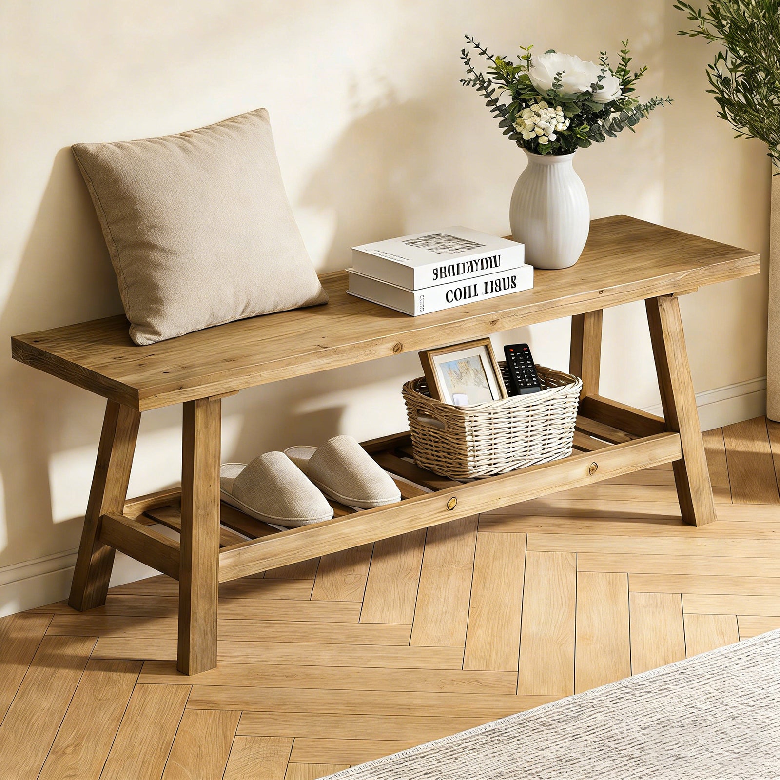 GDFStudio Eoghan 43" Farmhouse Solid Wood Entryway Bench with Open Storage Shelf, Gray