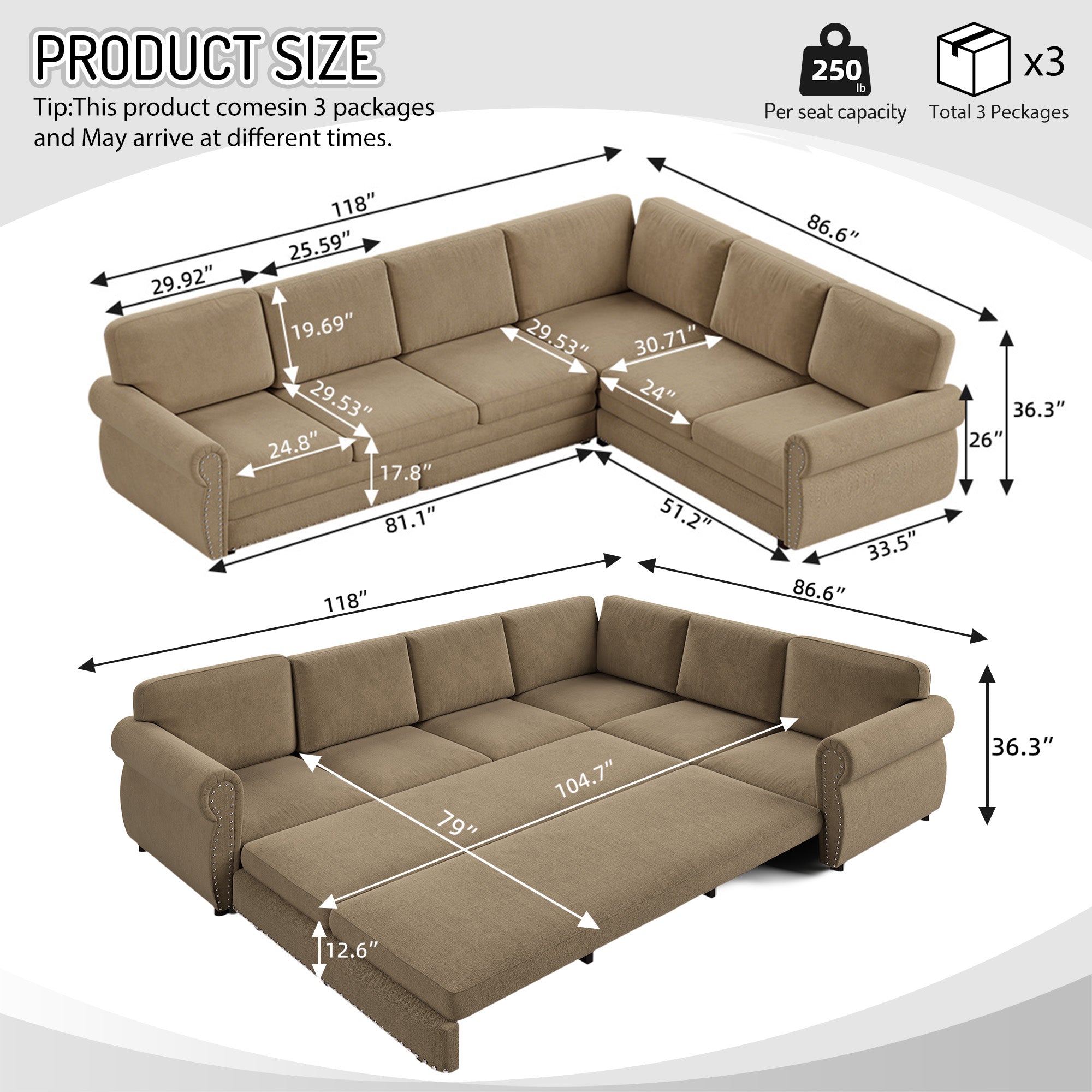 GDFStudio Keene 118"x86" Chenille Upholstered L Shape Sofa Bed, Camel