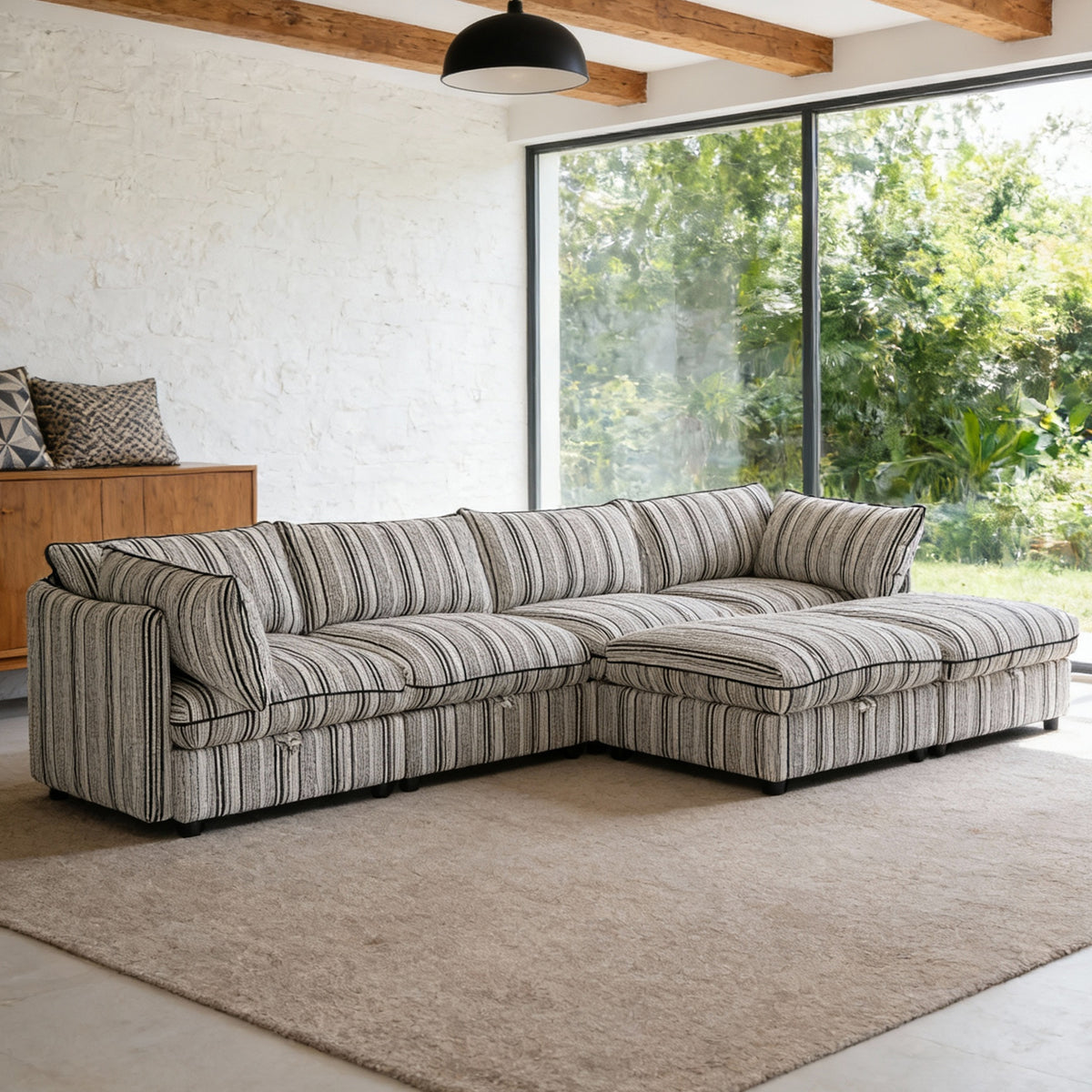 GDFStudio Jeju Modular Upholstered Storage 125'' U Sectional Sofa, Grey Stripe
