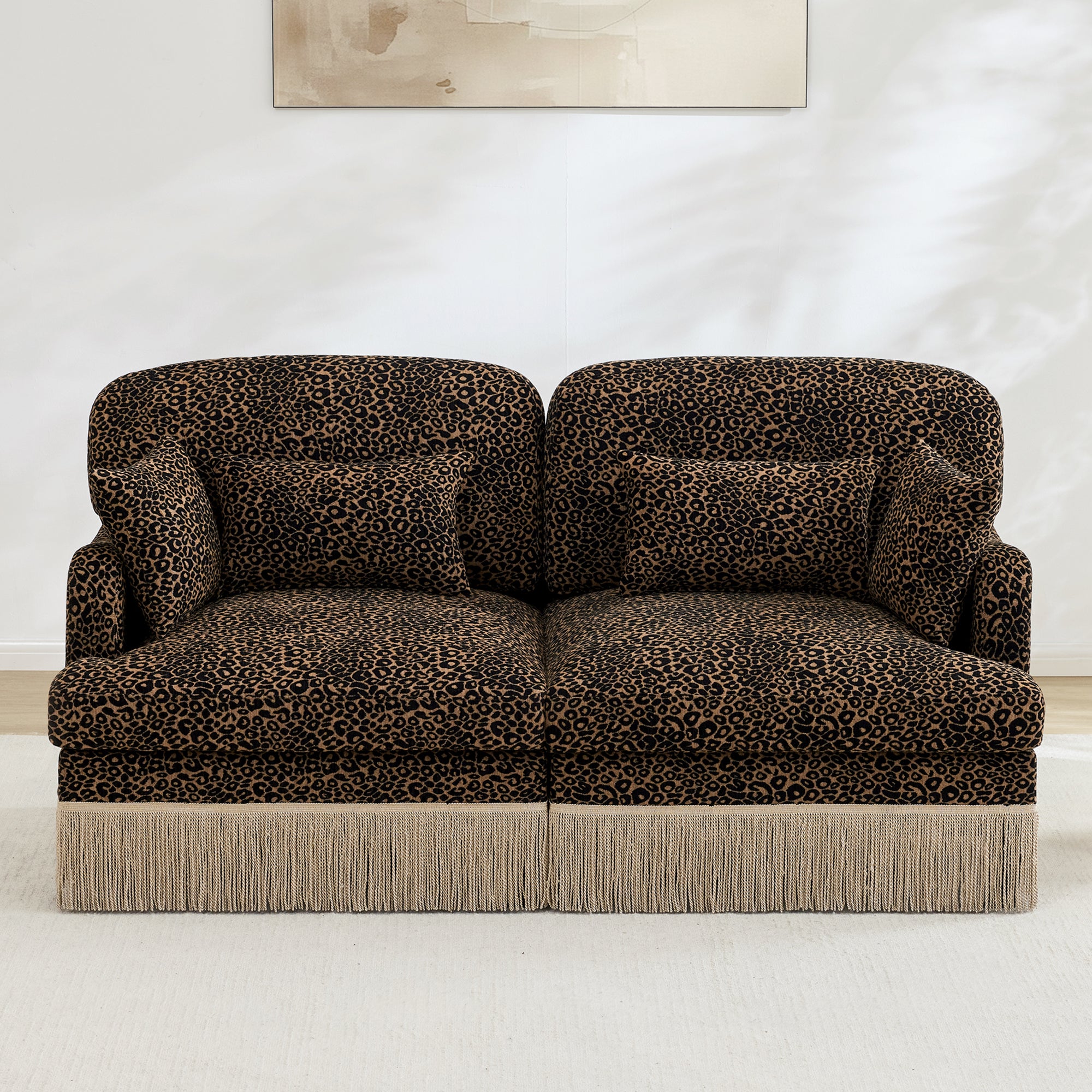 GDFStudio Cony 69.2'' Modern Leopard Printed Chenille Upholstered Loveseat with Pillows, Brown