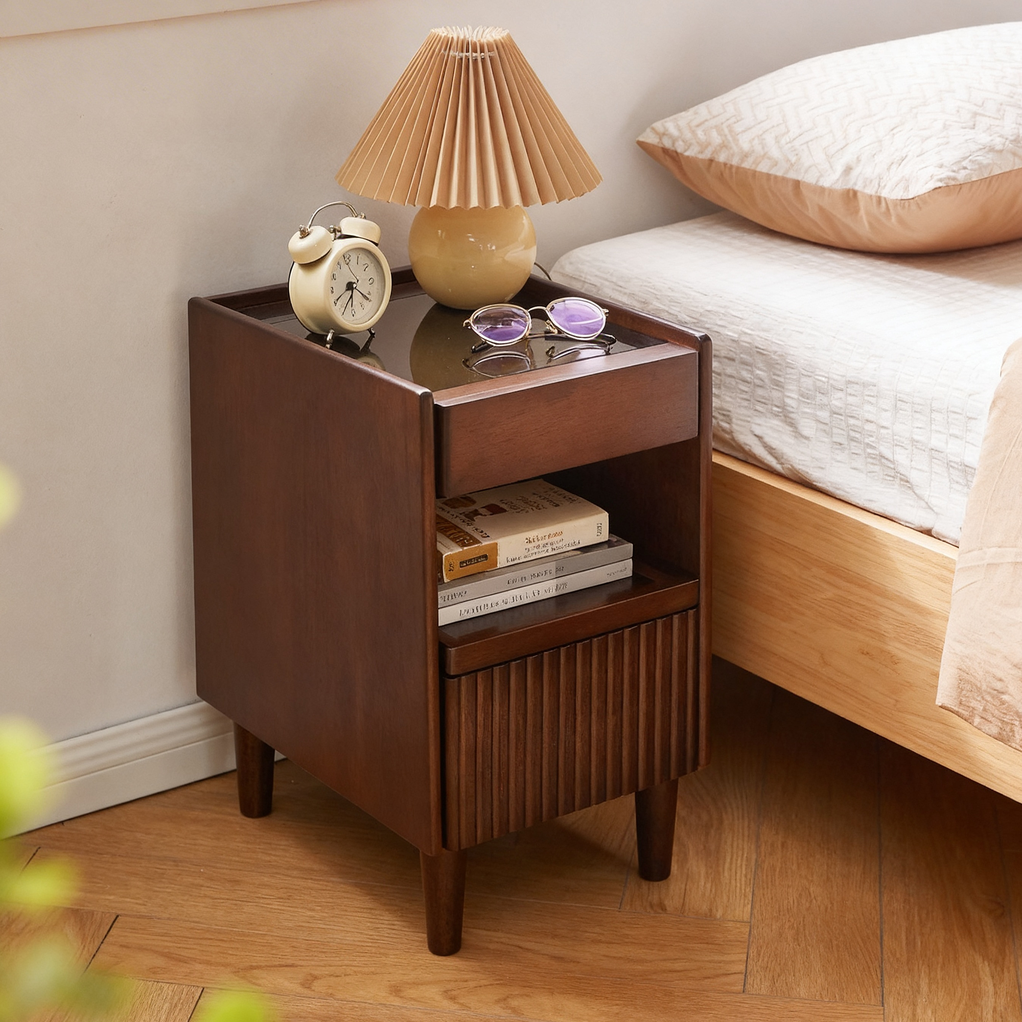 GDFStudio Ngozi Modern Rubberwood Nightstand with 1 Drawer and Open Shelves, Walnut