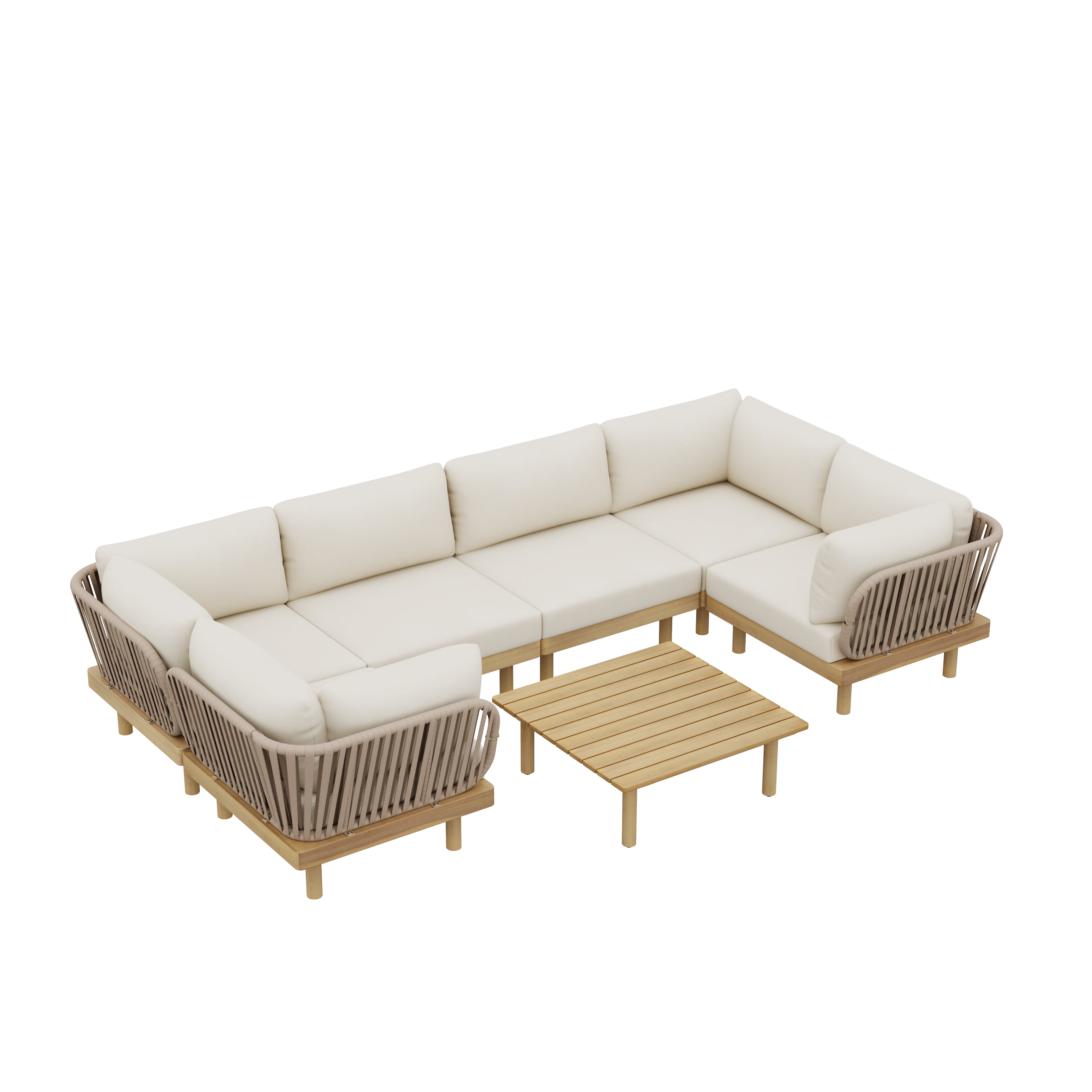 Christopher Knight Home Declan Patio Modern Acacia Wood and Rope U-Shaped Modular Sectional Sofa Set with Coffee Table, Light Teak/Beige/Cream