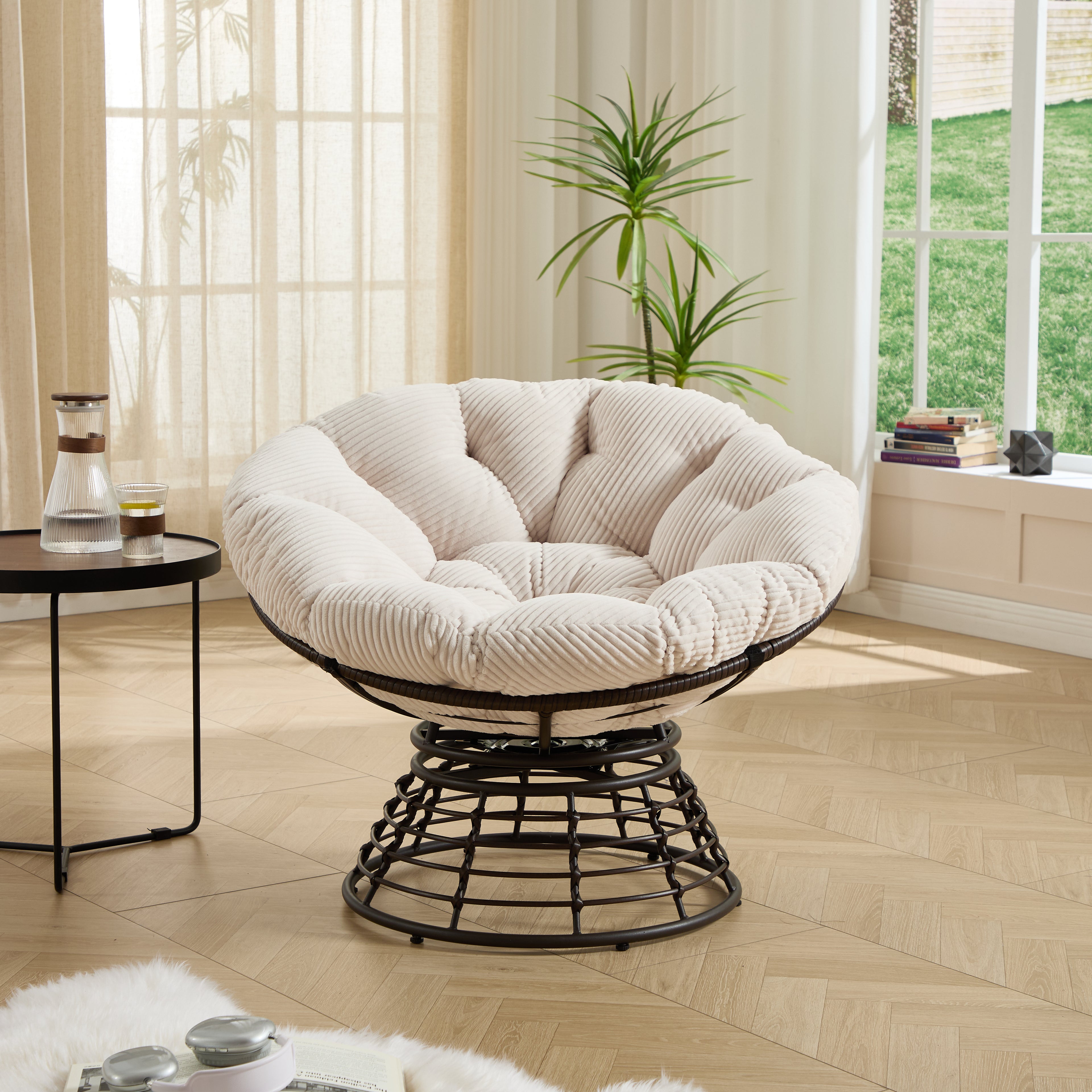 GDFStudio Rina Modern 360° Swivel Rattan Papasan Chair with Soft Thick Cushion, White