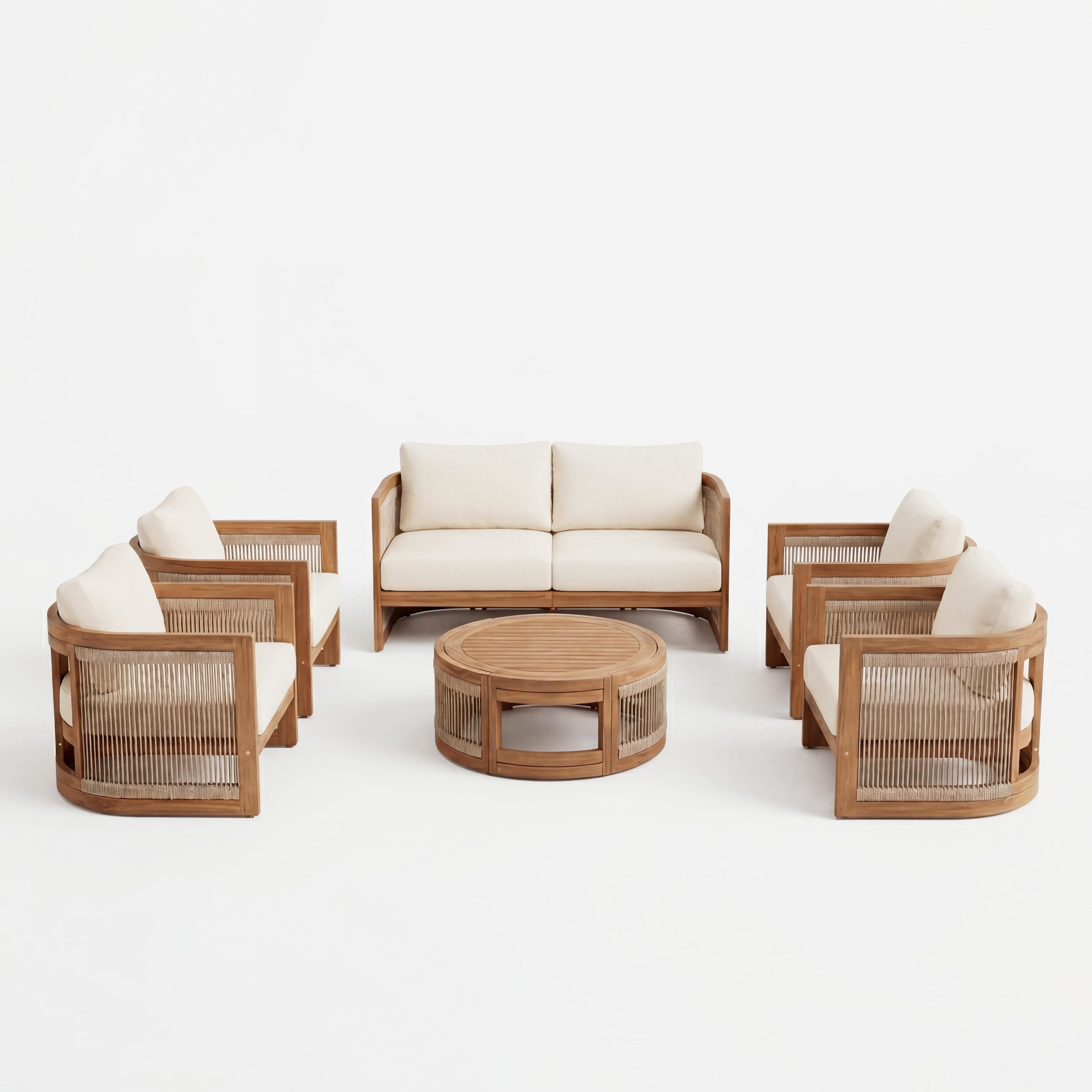 Christopher Knight Home Crune 6 Piece Outdoor Acacia Wood Curved Tub Design Seating Set with Woven Rope, Natural/Beige