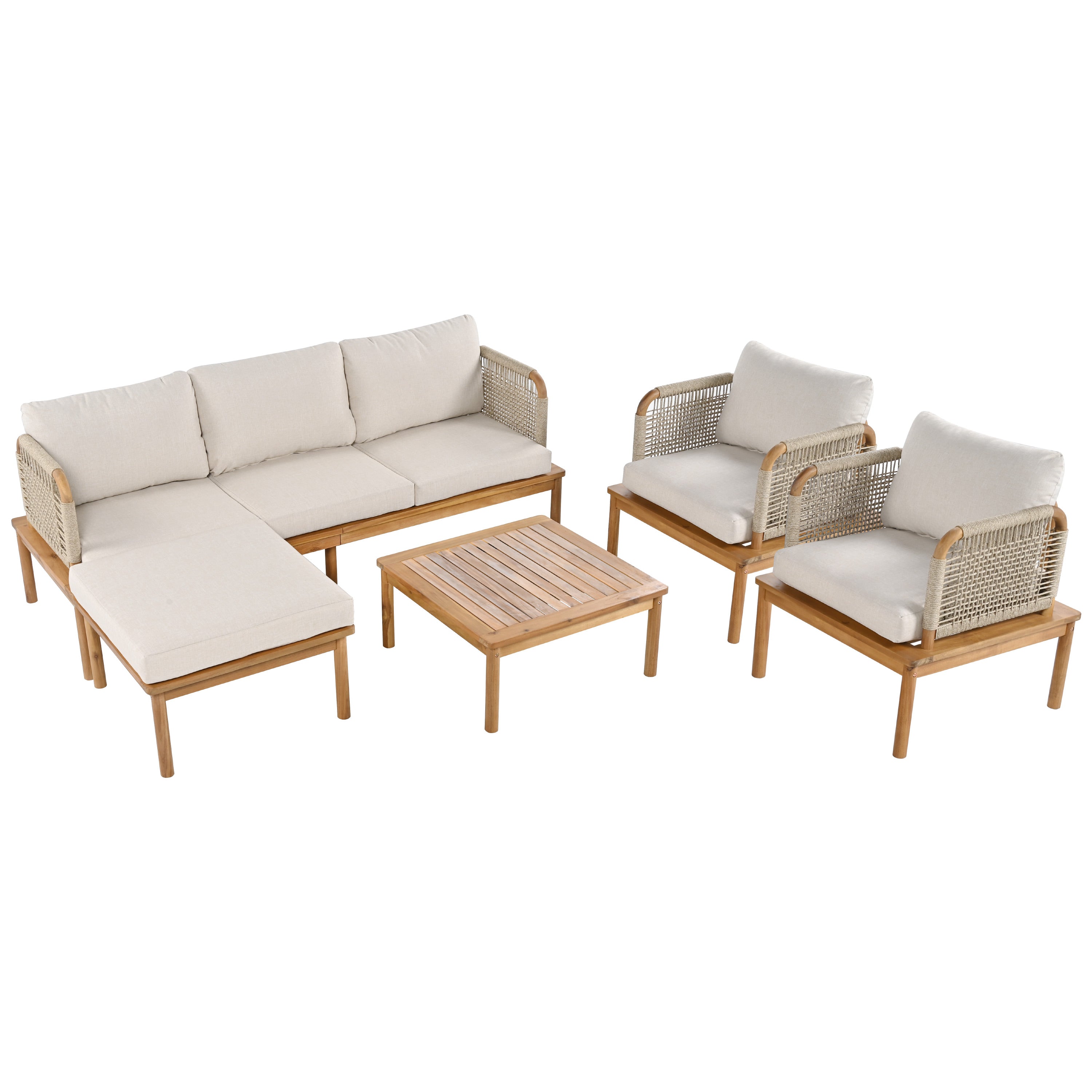 Christopher Knight Home Valencia Outdoor 5 Piece Rustic Acacia Wood and Rope Weave Upholstered Seating Set, Teak/Beige