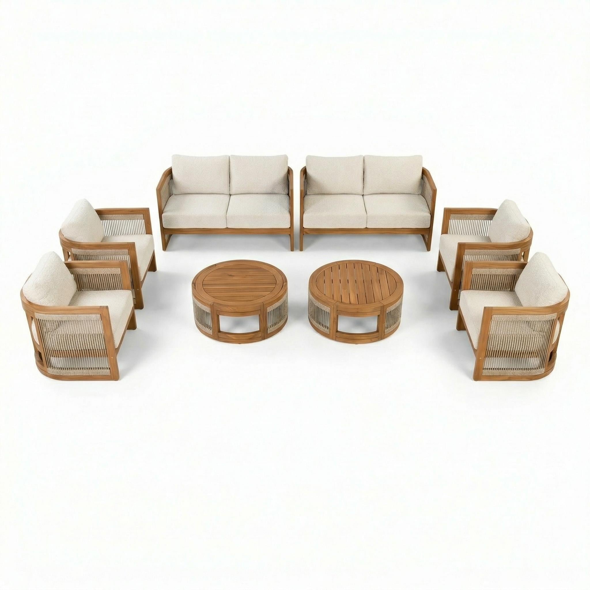 Christopher Knight Home Madsi 8 Piece Outdoor Acacia Wood Curved Tub Design Seating Set with Woven Rope, Natural/Beige