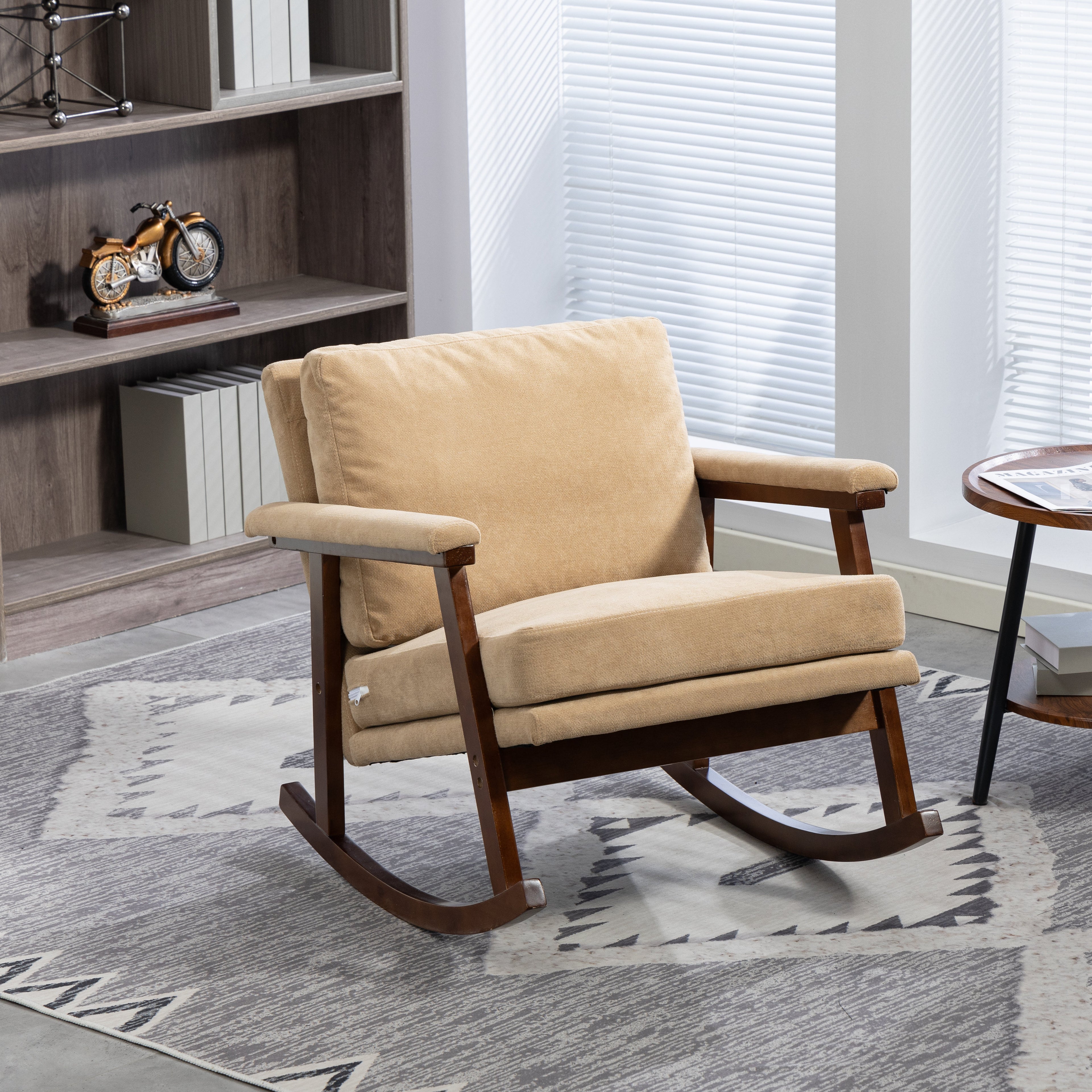 GDFStudio Ellowyn Mid Century Modern Wood Upholstered Accent Rocking Chair, Khaki
