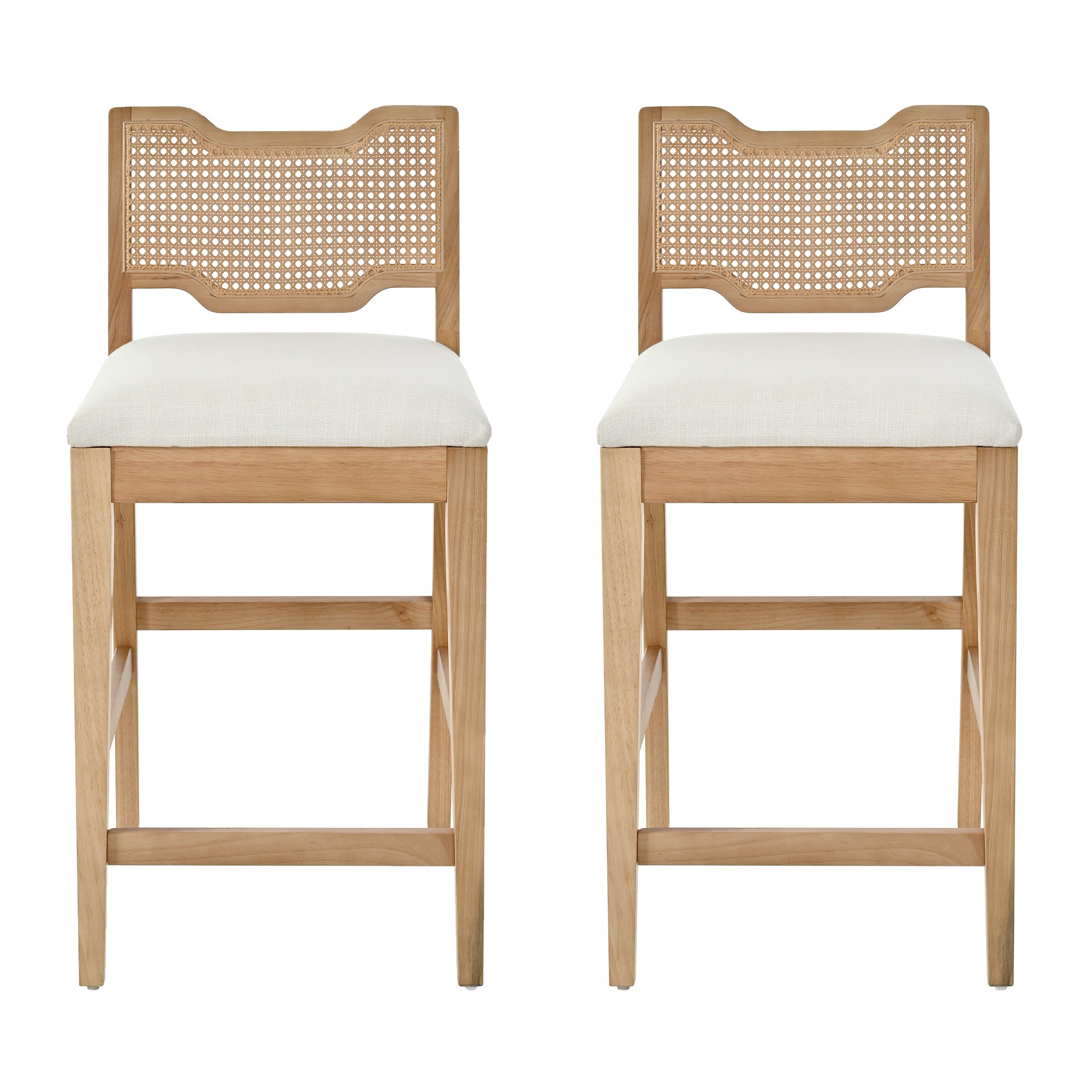 Christopher Knight Home Benzo Farmhouse Rubberwood Rattan Upholstered Barstools (Set of 2), Beige/Natural