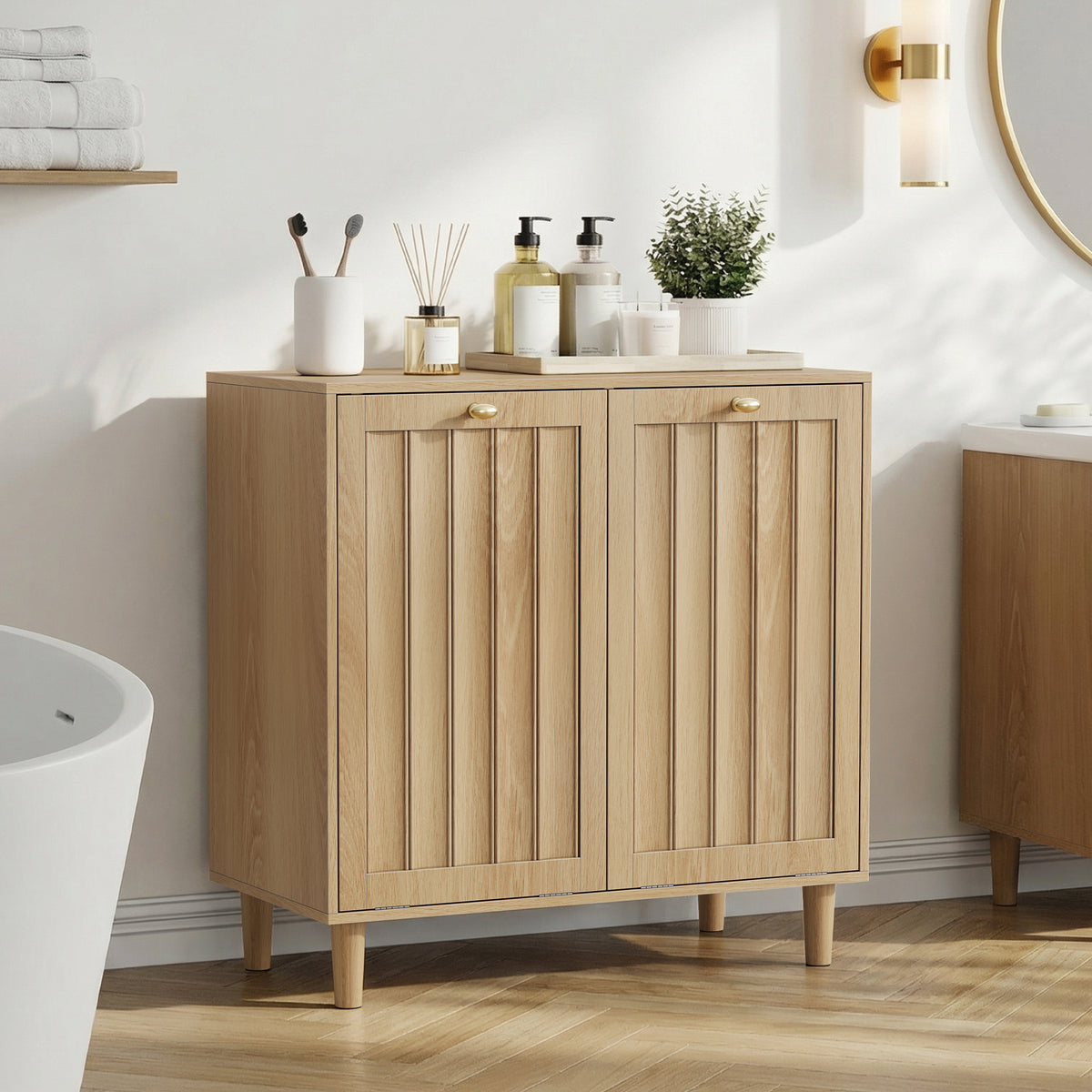 GDFStudio Simone Modern 70  Wooden Laundry Hamper Cabinet with Removable Basket, Oak