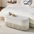 GDFStudio Benson Modern 39" Oval Upholstered Storage Ottoman with Fringe Trim and Lift-Top Lid, Beige