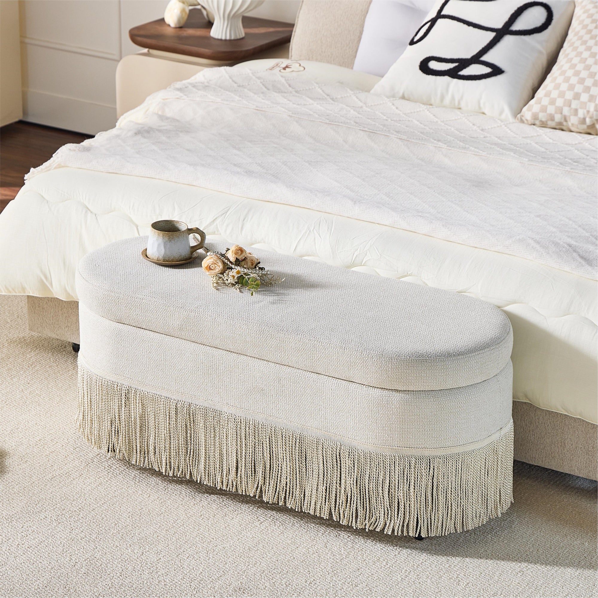 GDFStudio Benson Modern 39" Oval Upholstered Storage Ottoman with Fringe Trim and Lift-Top Lid, Beige