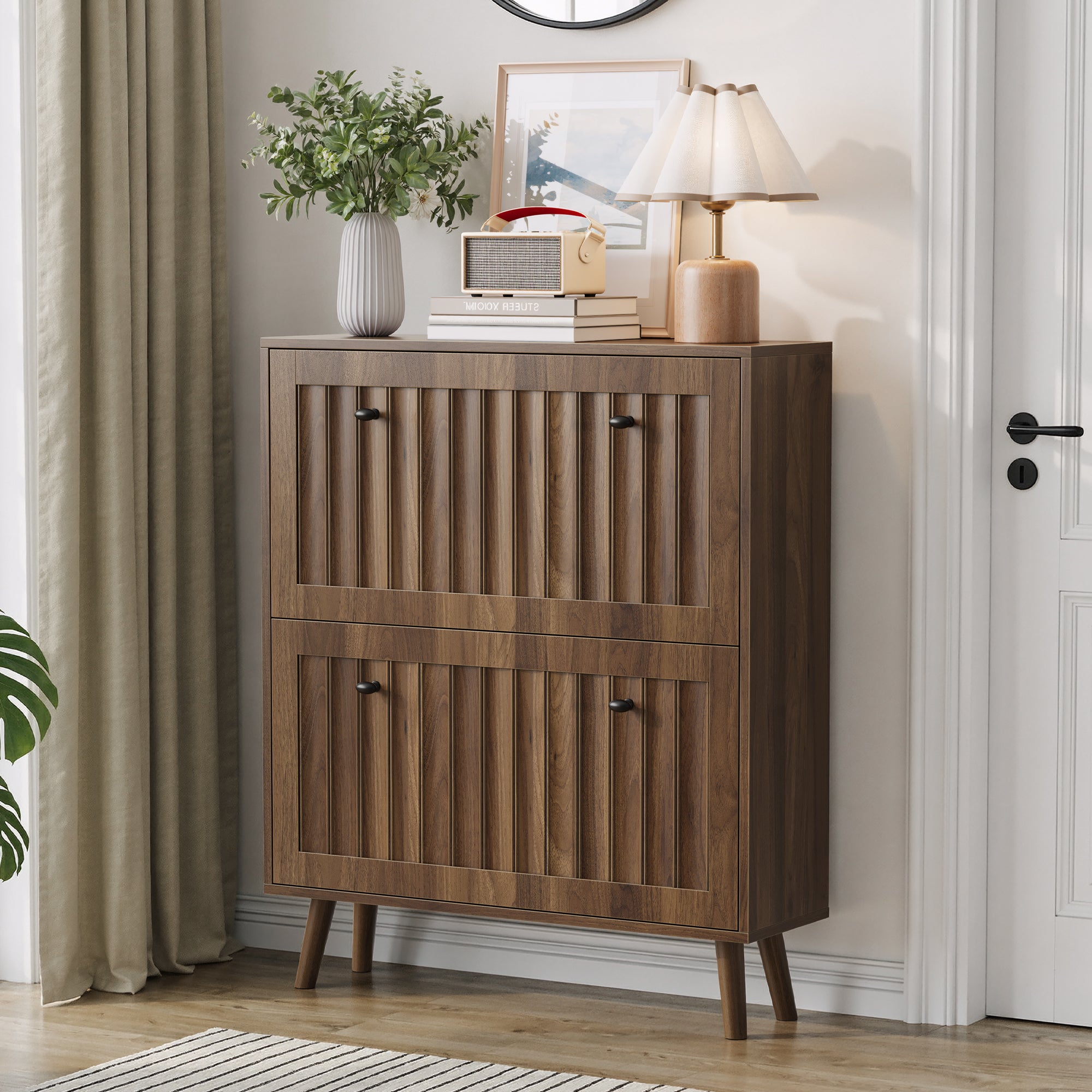 GDFStudio Bianca Farmhouse Wooden Shoe Cabinet with 2 Tilt-Out Drawers and Vertical Grooved Design, Walnut, 32"