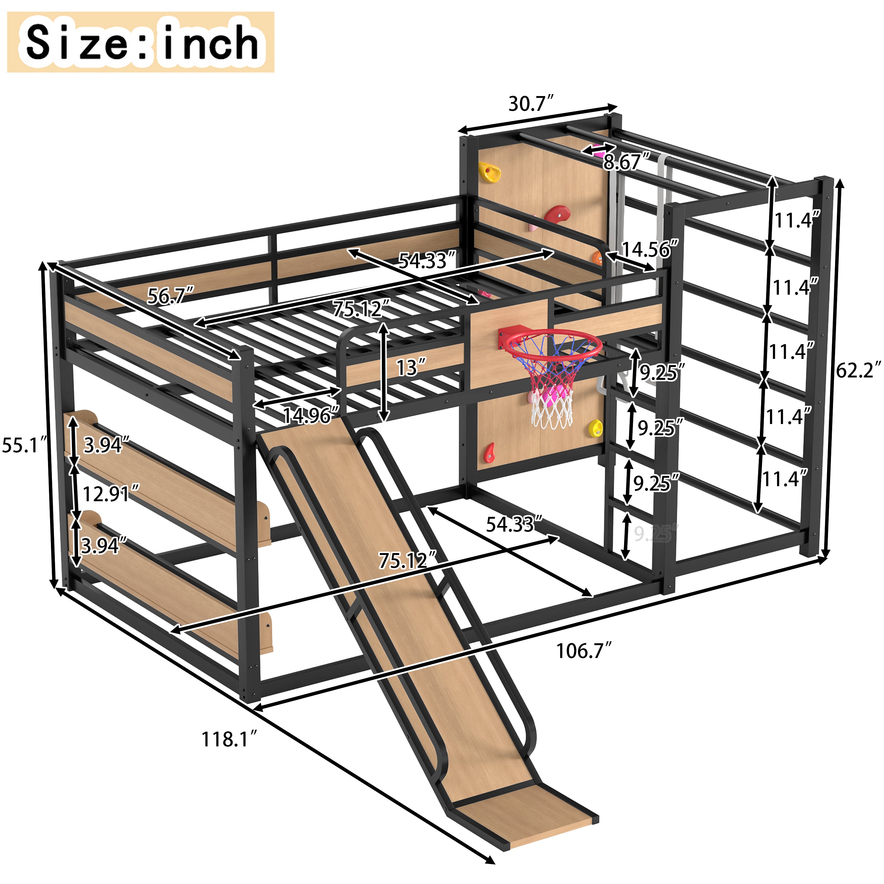 GDFStudio Shreya Modern Metal and Wood Low Loft Bed with Basketball Hoop, Climbing Wall and Bookshelves, Balck/Brown, Full