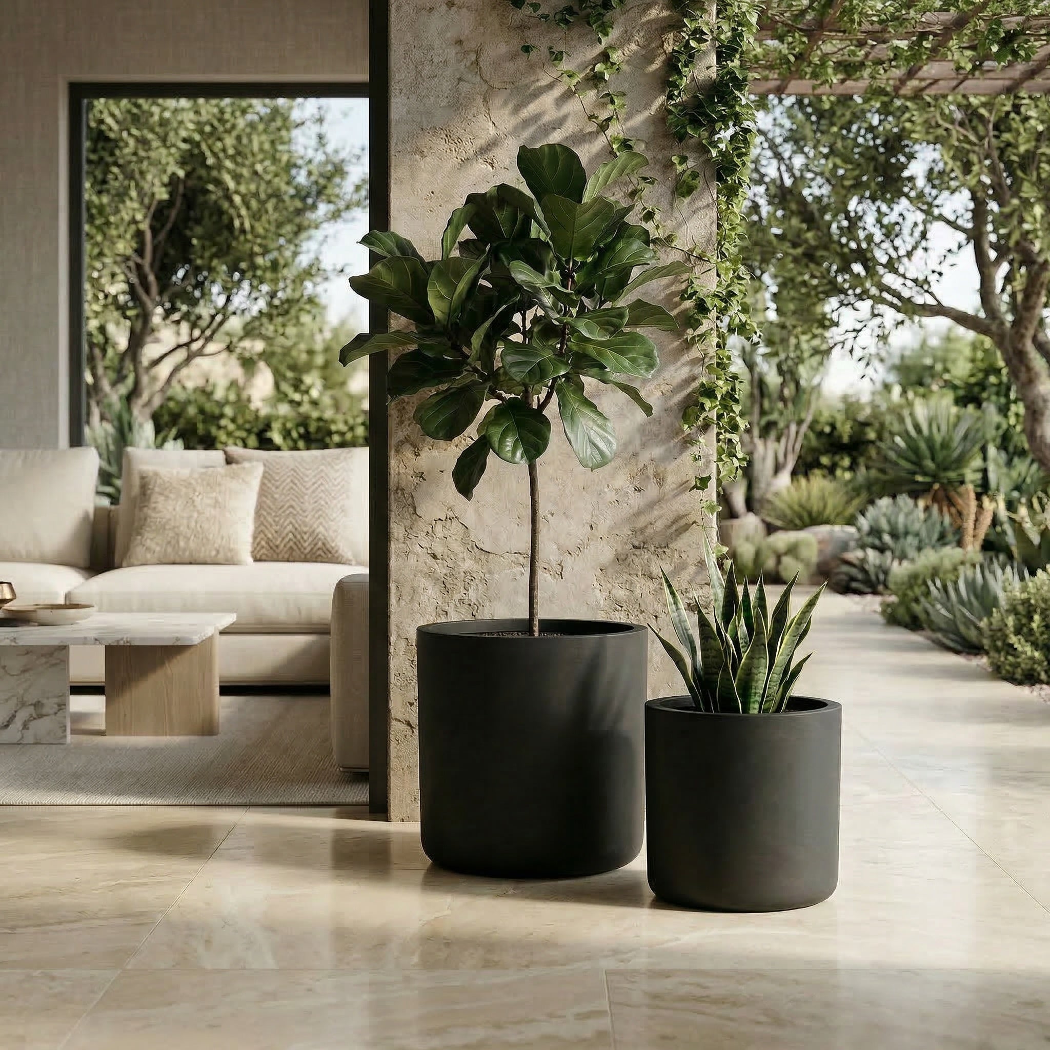 GDFStudio Hector Modern Round Lightweight Concrete Outdoor Planter Pots with Drainage Holes (Set of 2), Black