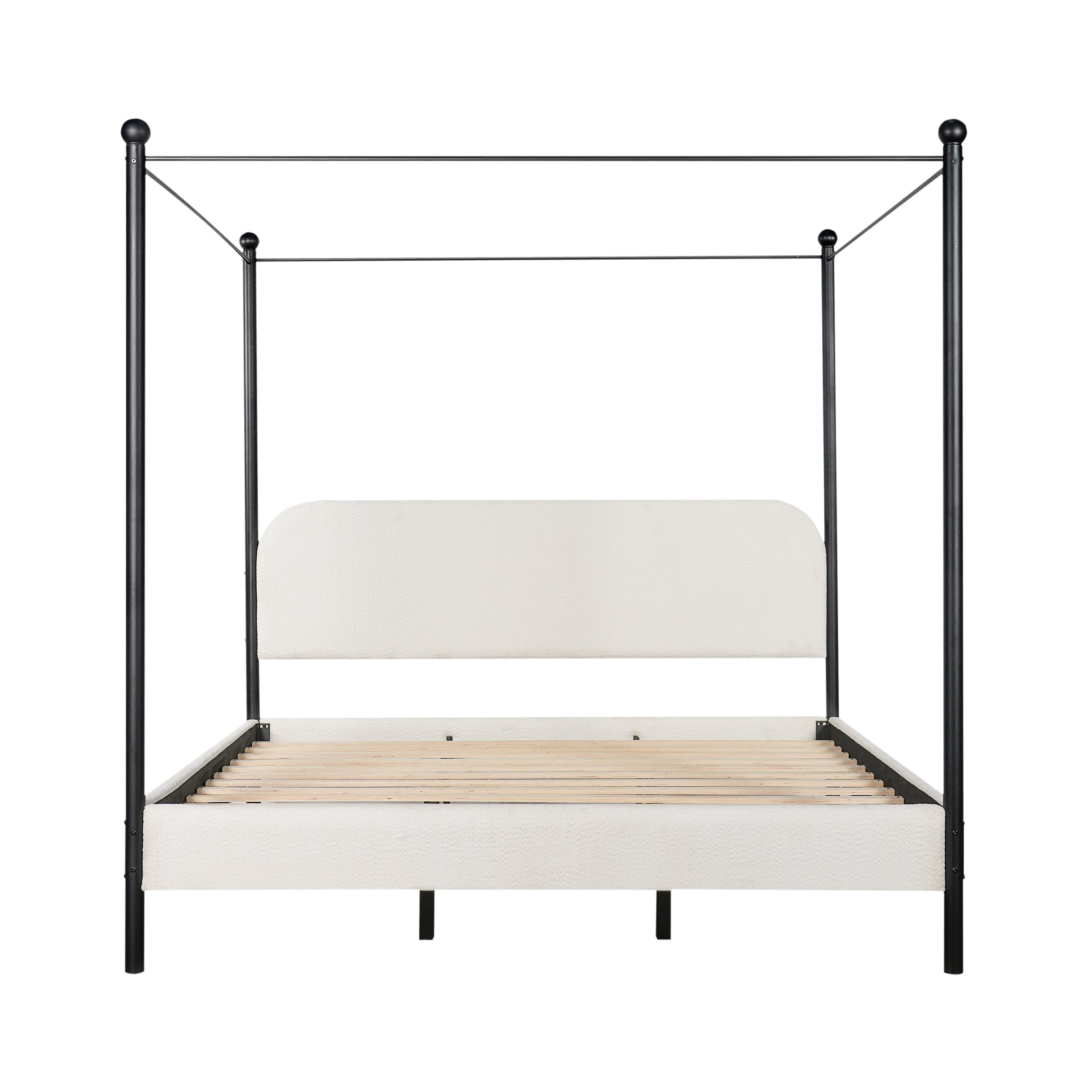 Christopher Knight Home Roman Modern Iron and Wood Boucle Upholstered Canopy Bed Frame with Curved Headboard, White, King