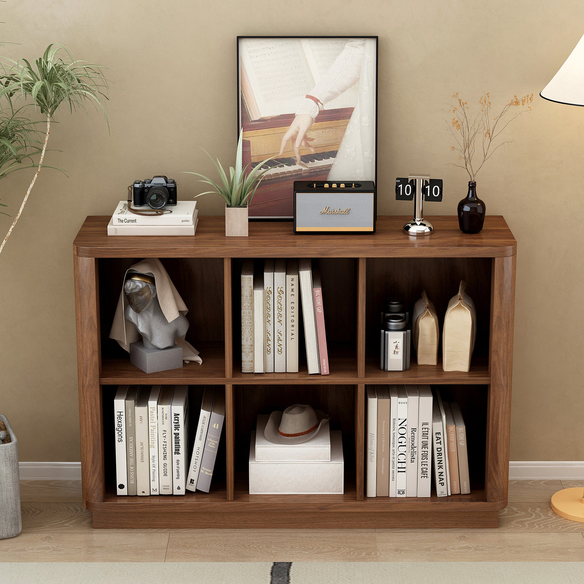 GDFStudio Pitman Farmhouse Wood 6-Cube Storage Bookcase with Curved Edge, Walnut