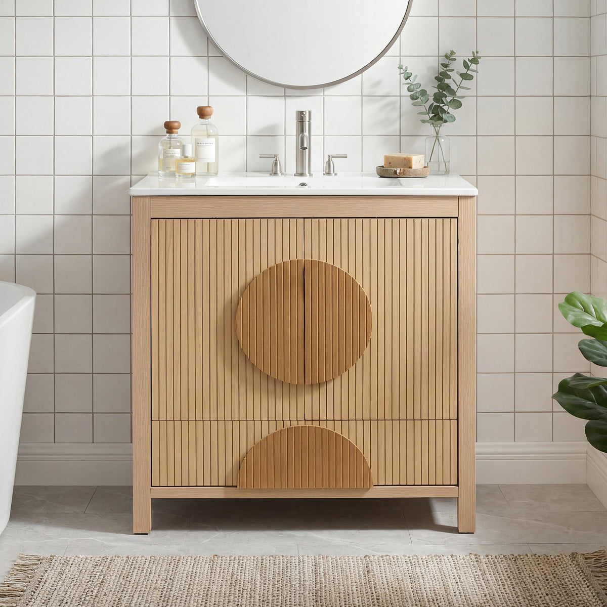 GDFStudio Brantley 30" Fluted Wood Bathroom Vanity with Integrated Sink, Brown
