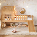 GDFStudio Flynn Modern Wooden House Loft Bed with Slide, Ladder, LED Roof Lights and Safety Rails, Natural, Twin