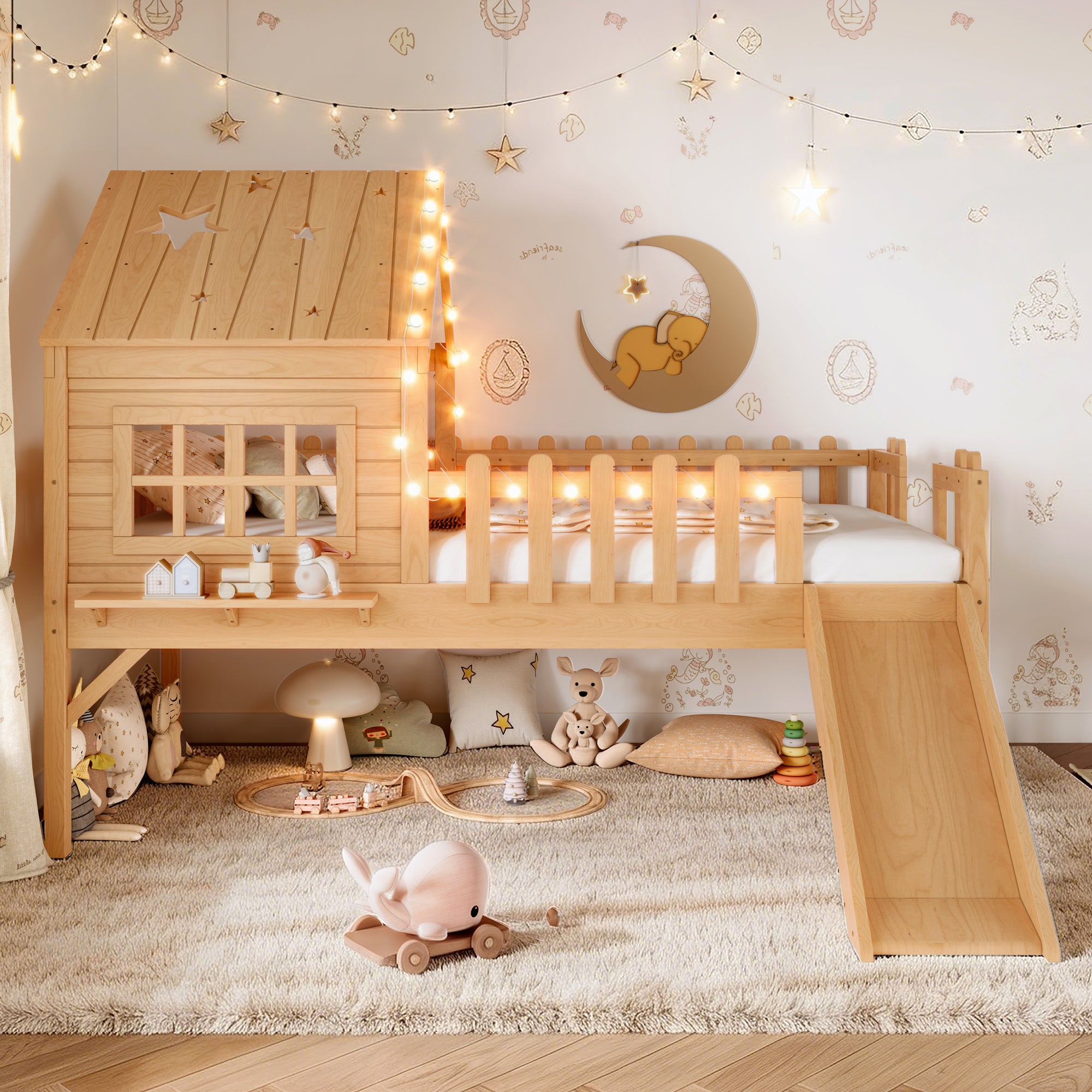 GDFStudio Flynn Modern Wooden House Loft Bed with Slide, Ladder, LED Roof Lights and Safety Rails, Natural, Twin