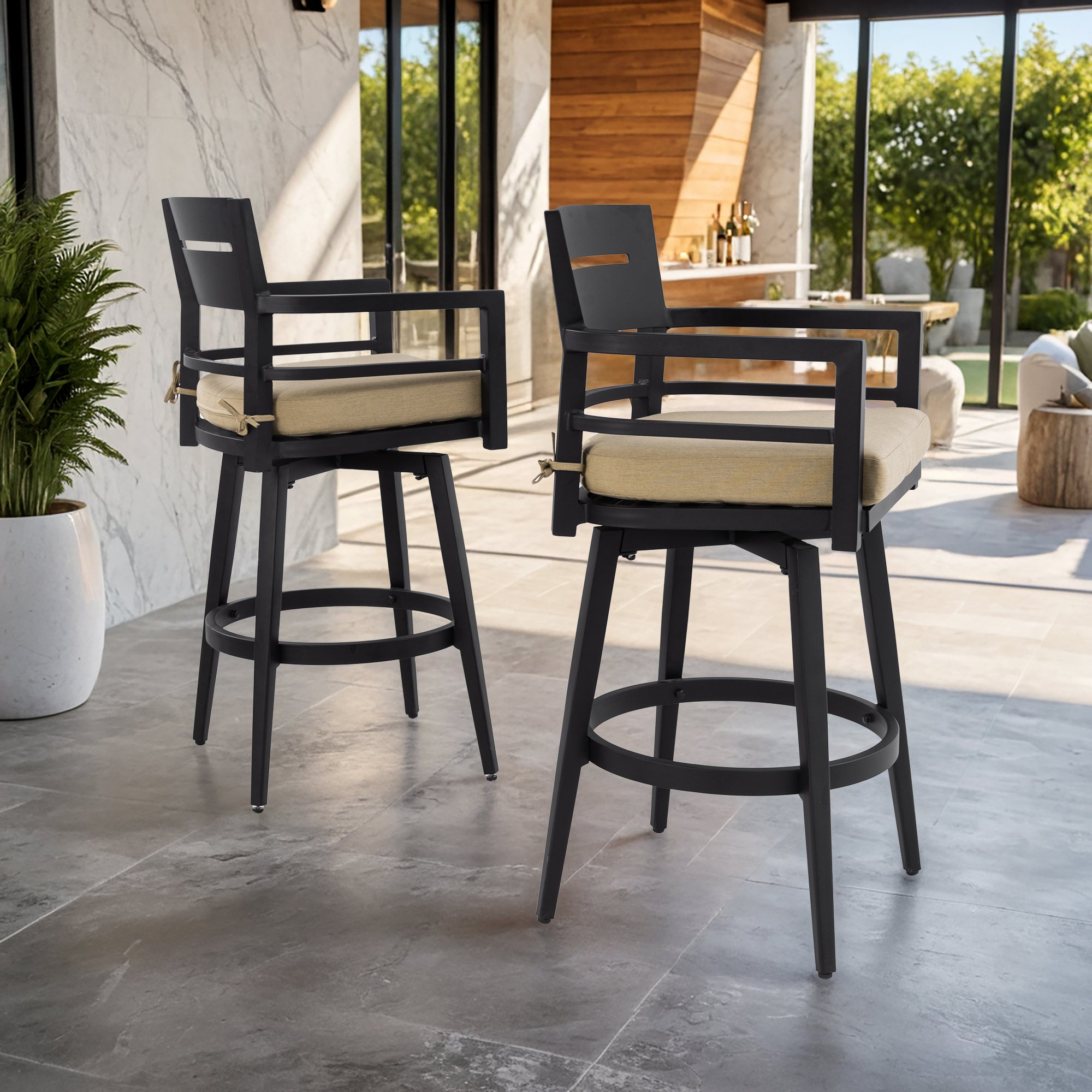 Christopher Knight Home Alston Outdoor Swivel Aluminum 29.5" Barstool with Removable Sunbrella Cushion(Set of 2), Brown