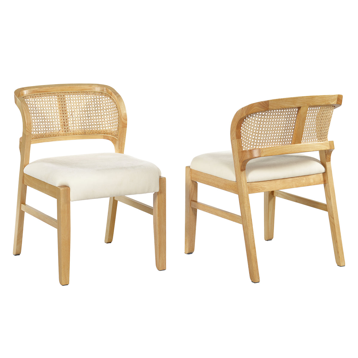 Christopher Knight Home Mid-Century Modern Rubberwood Upholstered Armless Dining Chair with Natural Rattan Cane Backrest, Natural/Beige, Set of 2