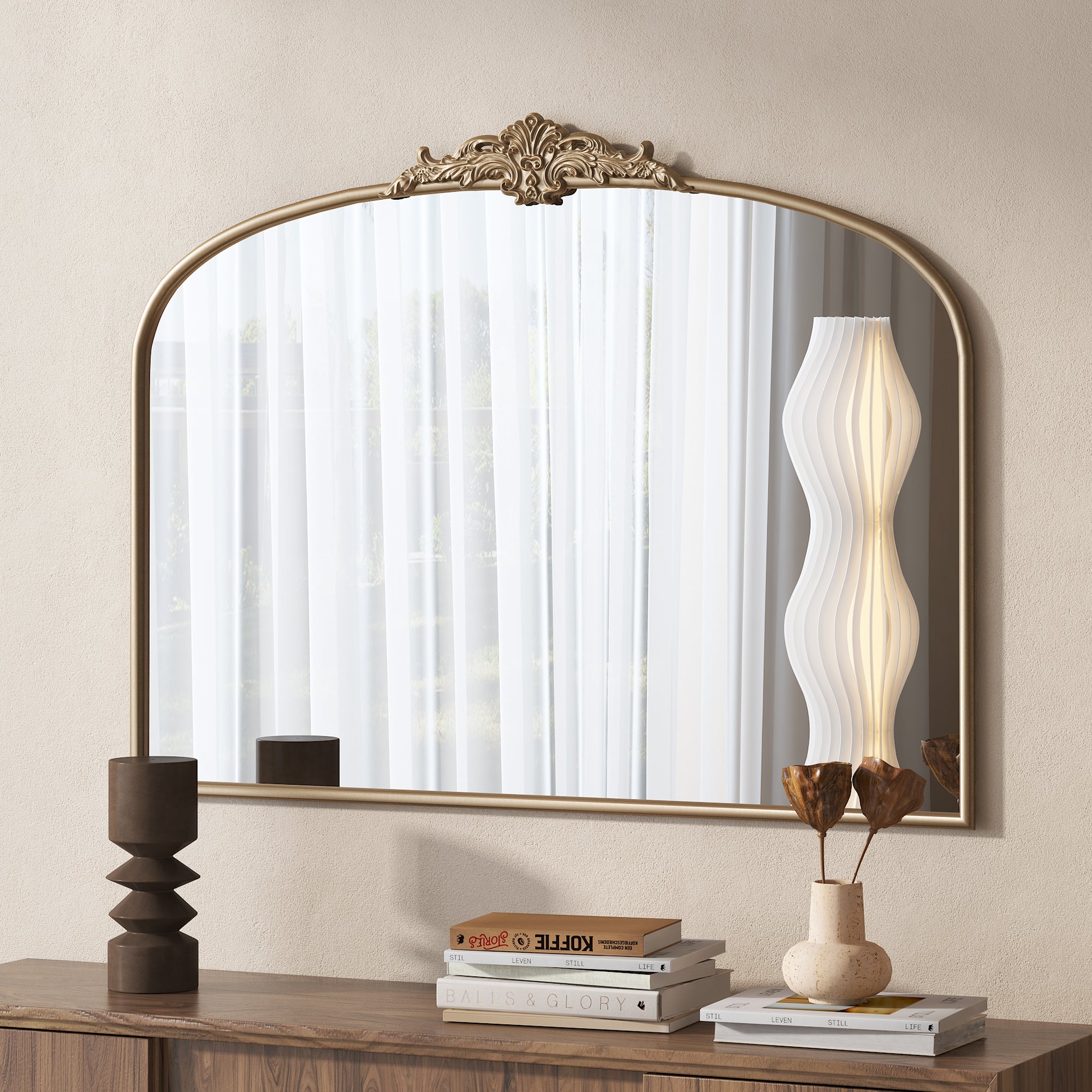 GDFStudio Thandi Transitional Metal Arched Wall Mirror with Glass and French Baroque Design, Antique Gold