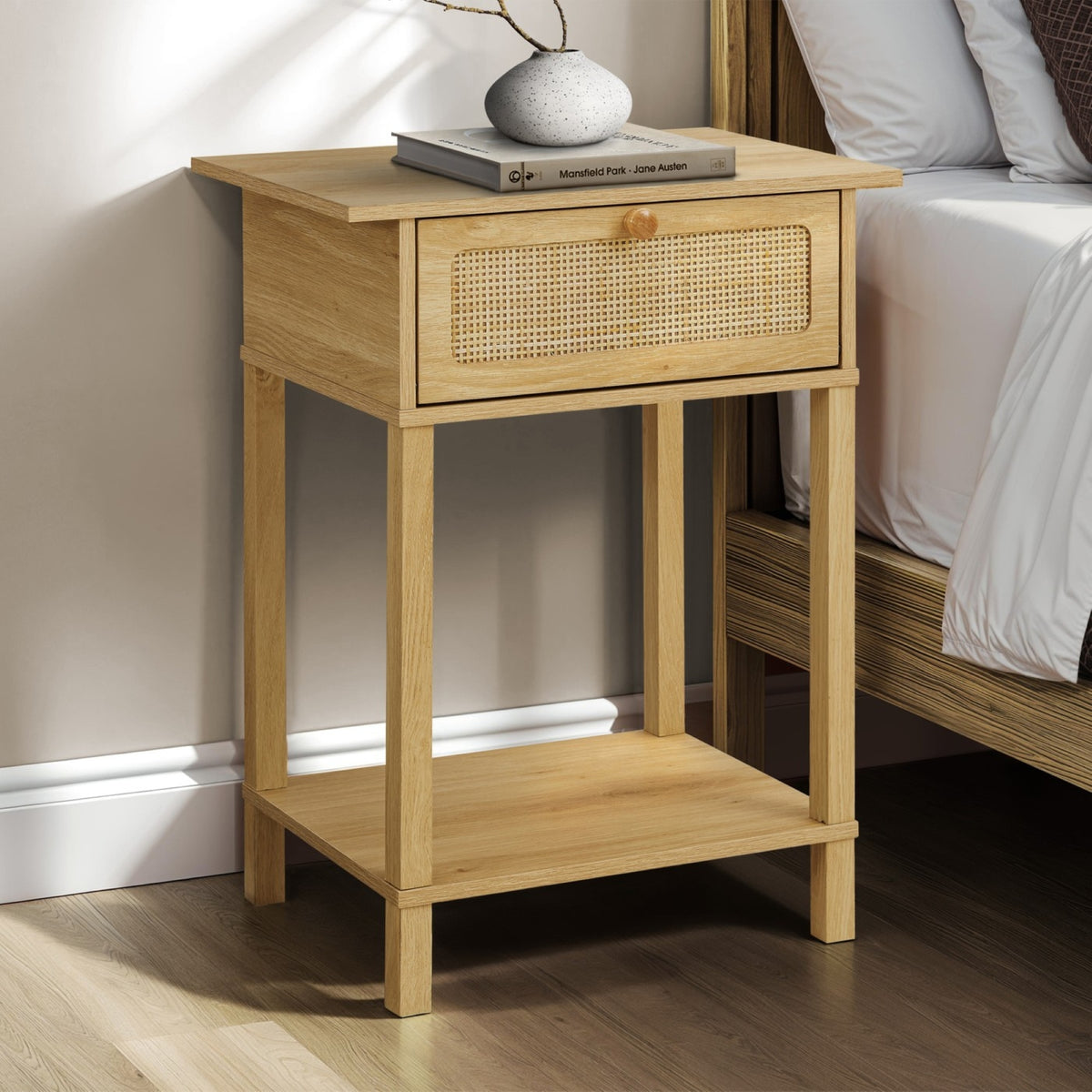 GDFStudio Riku Farmhouse Wood Rattan Nightstand with 1 Drawer and 1 Lower Shelf, Natural