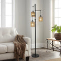 GDFStudio Rio Boho Metal Floor Lamp with 3 Rattan Lampshades, Brown/Black