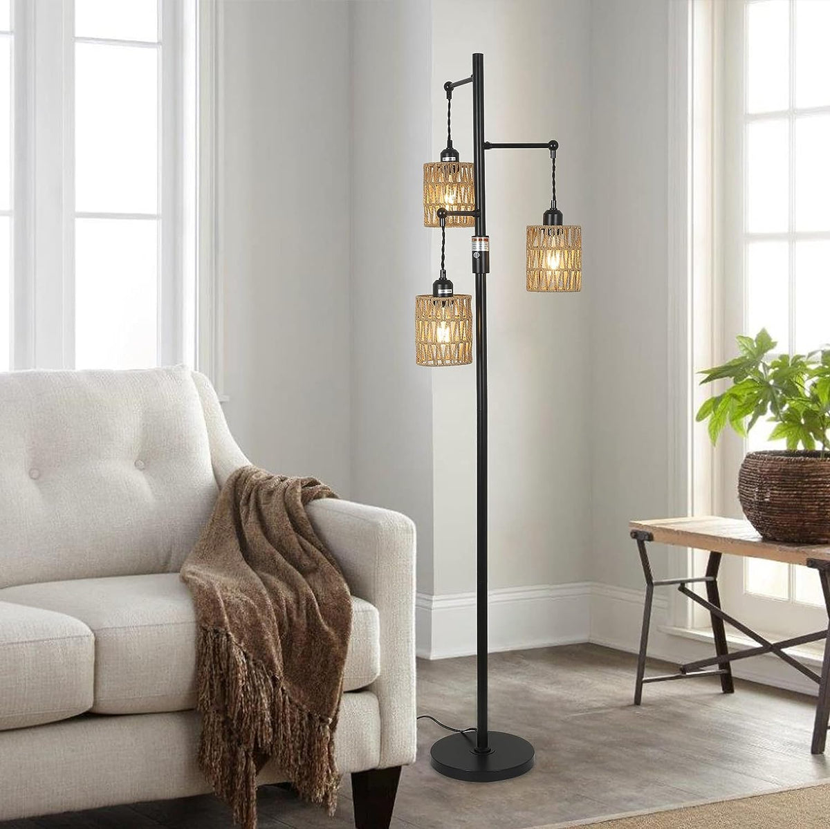 GDFStudio Rio Boho Metal Floor Lamp with 3 Rattan Lampshades, Brown/Black