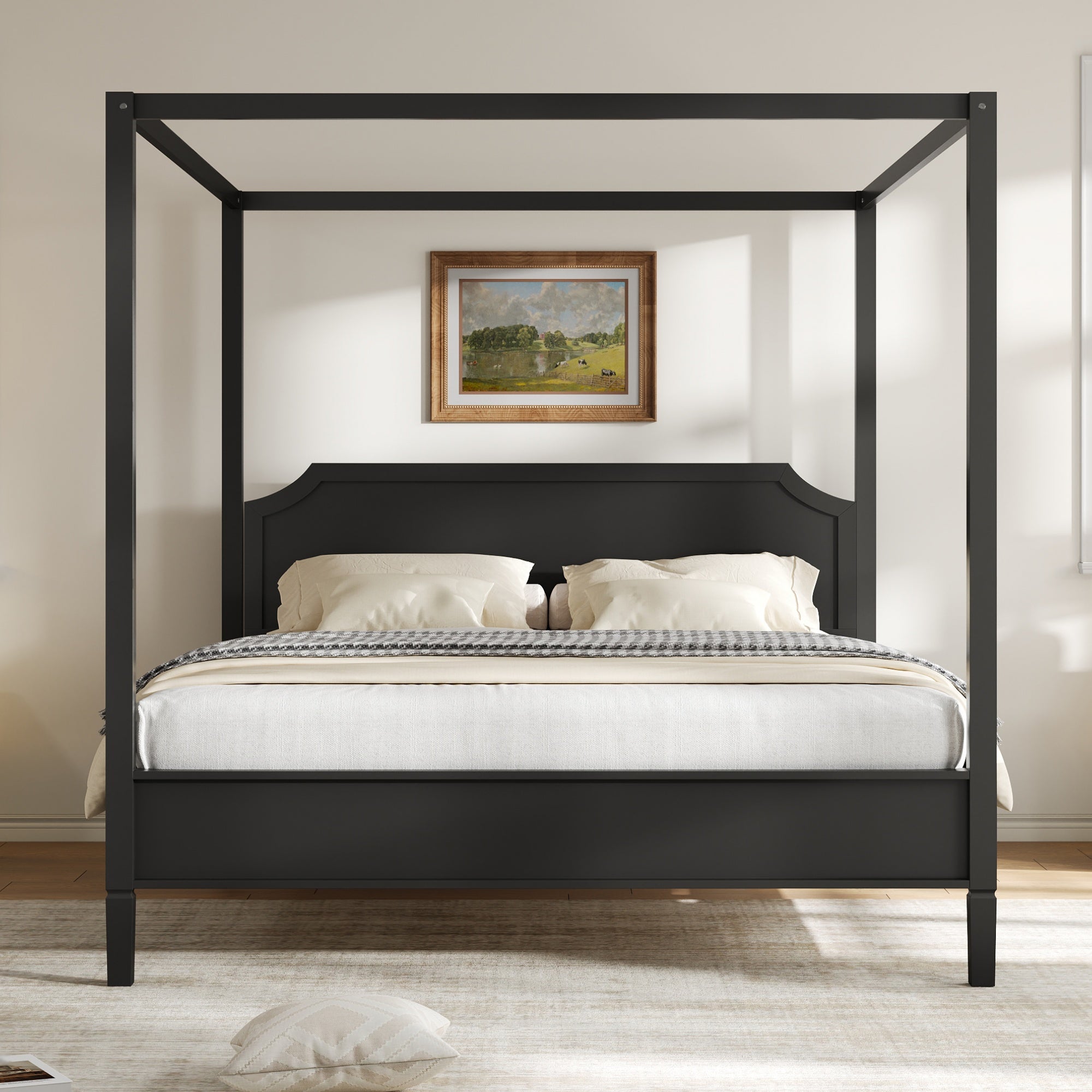 GDFStudio Flores Wooden Canopy Platform Bed with Headboard and Support Legs, Black, King Size