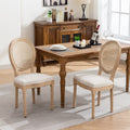 GDFStudio Jin Mid-Century Modern Linen Upholstered Wood Dining Chair with Rattan Louis Back, Set of 2, Beige