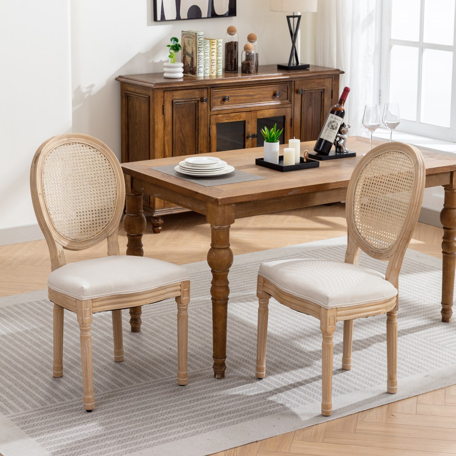 GDFStudio Jin Mid-Century Modern Linen Upholstered Wood Dining Chair with Rattan Louis Back, Set of 2, Beige