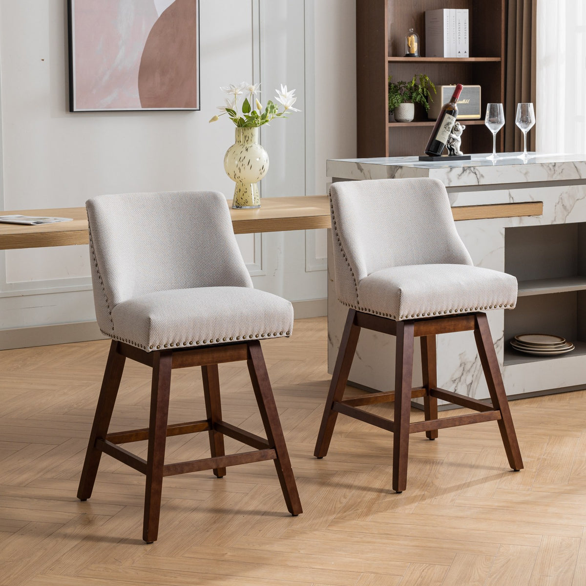 GDFStudio Spin Fabric Upholstered Wood 26'' Swivel Counter Stools (Set of 2), Beige