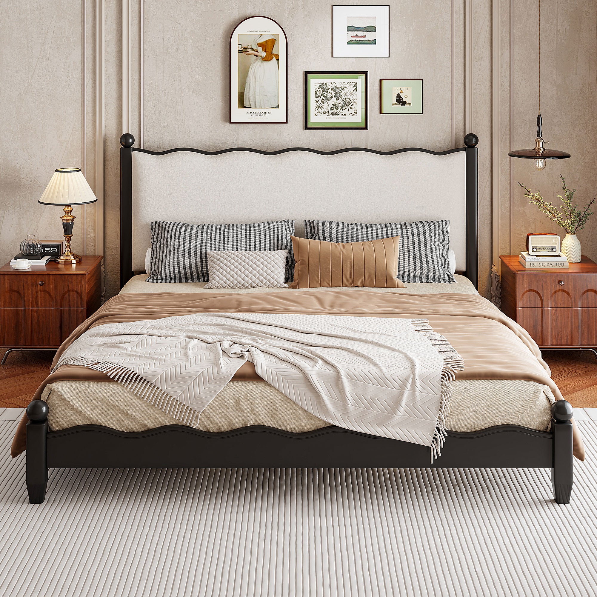 GDFStudio Rivera Wood Platform Bed with Upholstered Headboard, Black Frame/Beige Fabric, Queen Size