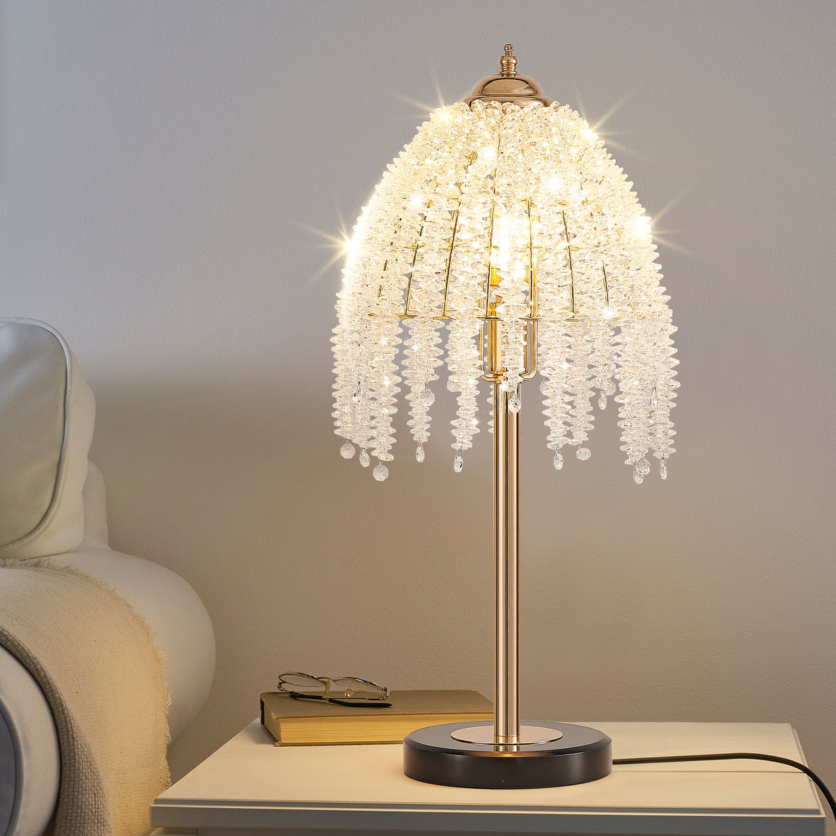 GDFStudio Camille Modern Crystal Table Lamp with Crystal Bead String Shades, Gold