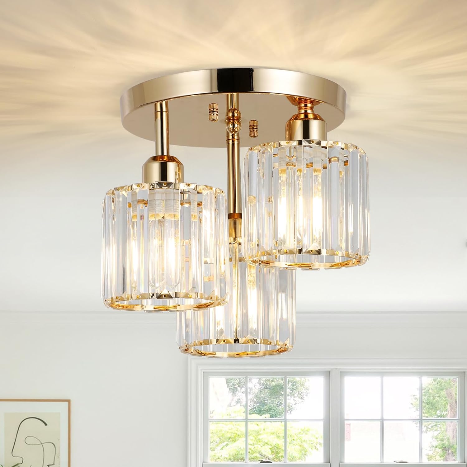 GDFStudio Beard Modern 3-Light Crystal Semi Flush Mount Ceiling Light, Golden