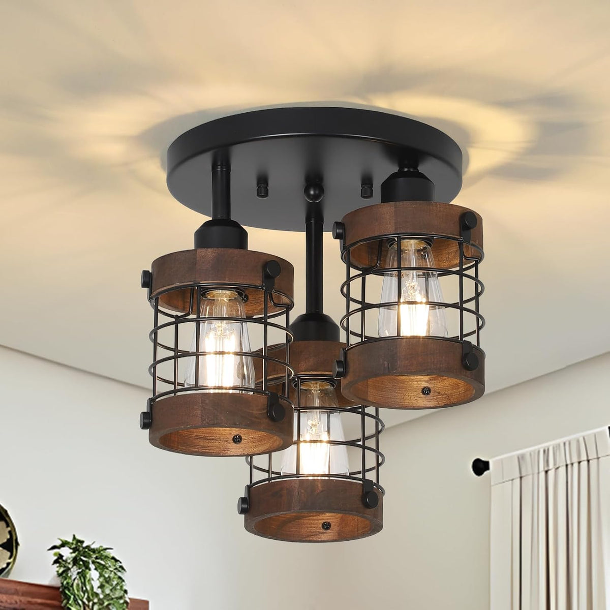 GDFStudio Halvorn Farmhouse Semi Flush Mount Ceiling Light with 3 Cage Shades, Black/Brown