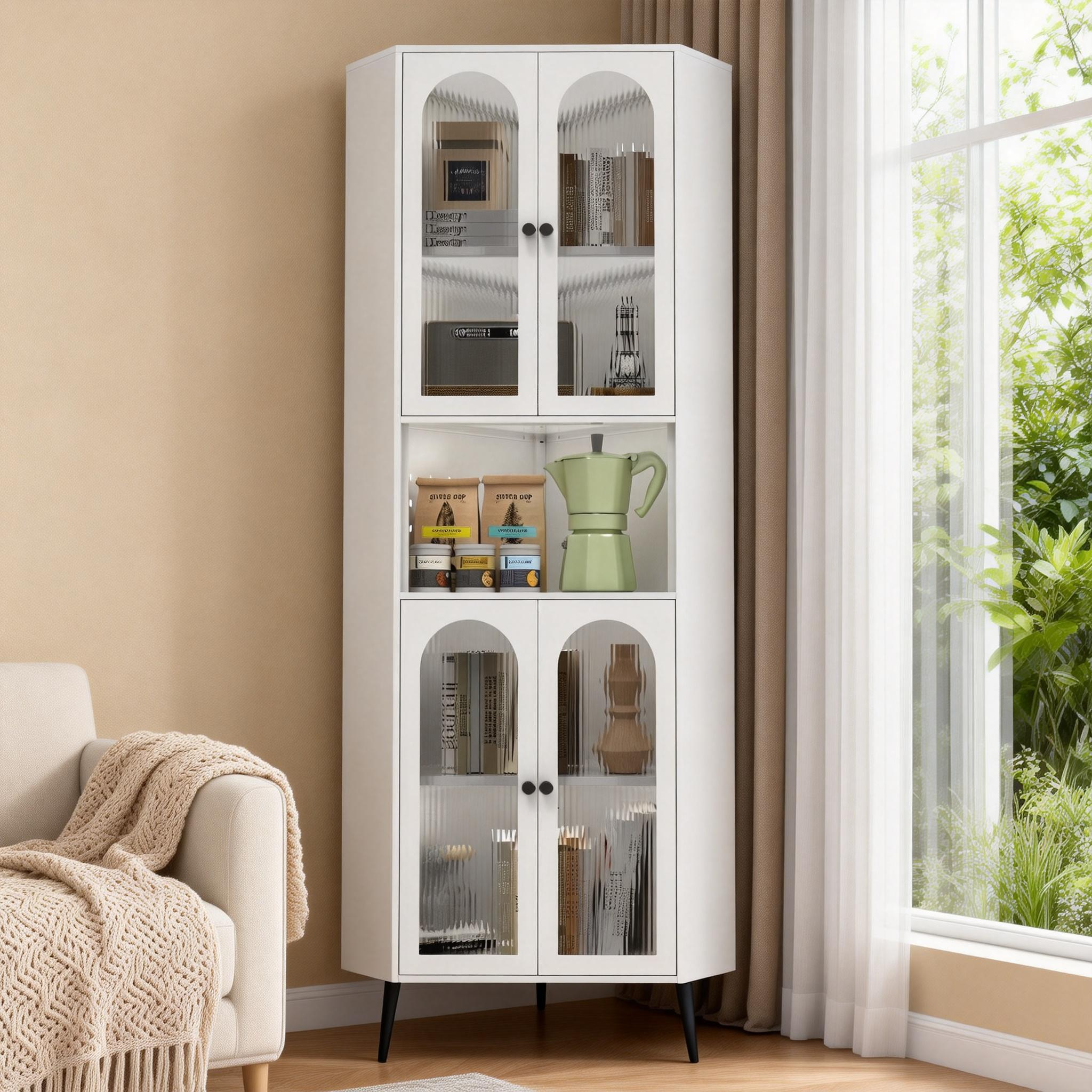 GDFStudio Ian Modern 73" Steel Corner Storage Cabinet with Doors and Adjustable Shelves, White